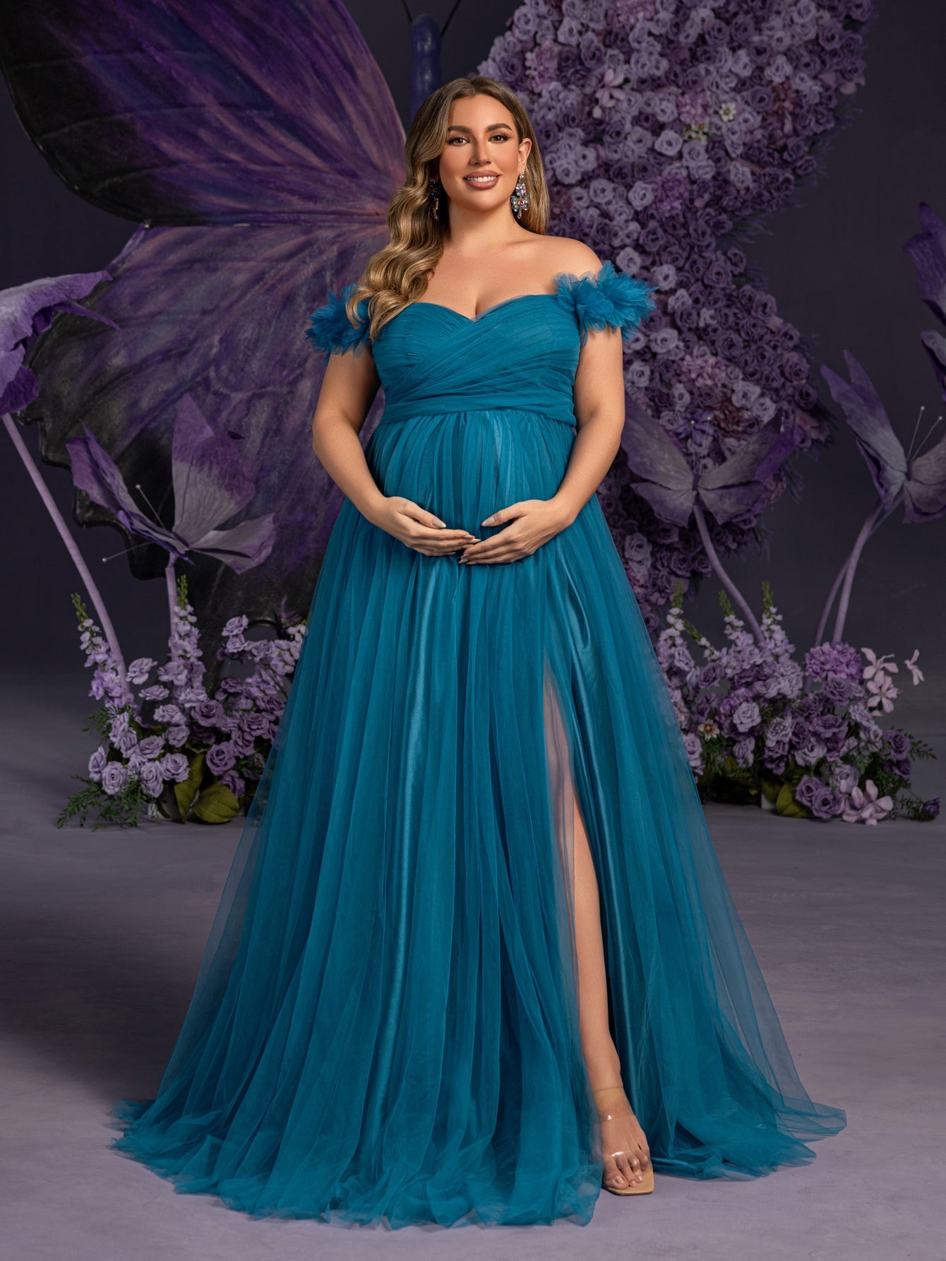 Plus Maternity  Off Shoulder Ruched Front Split Mesh Party Dress