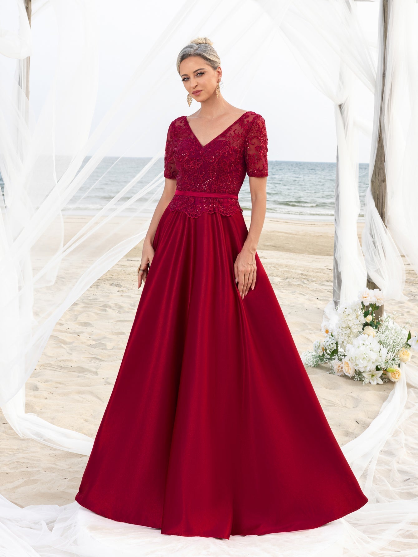 Womens' Lace & Satin A-Line Mother-of-the-Bride Gown with V-Neck Detail