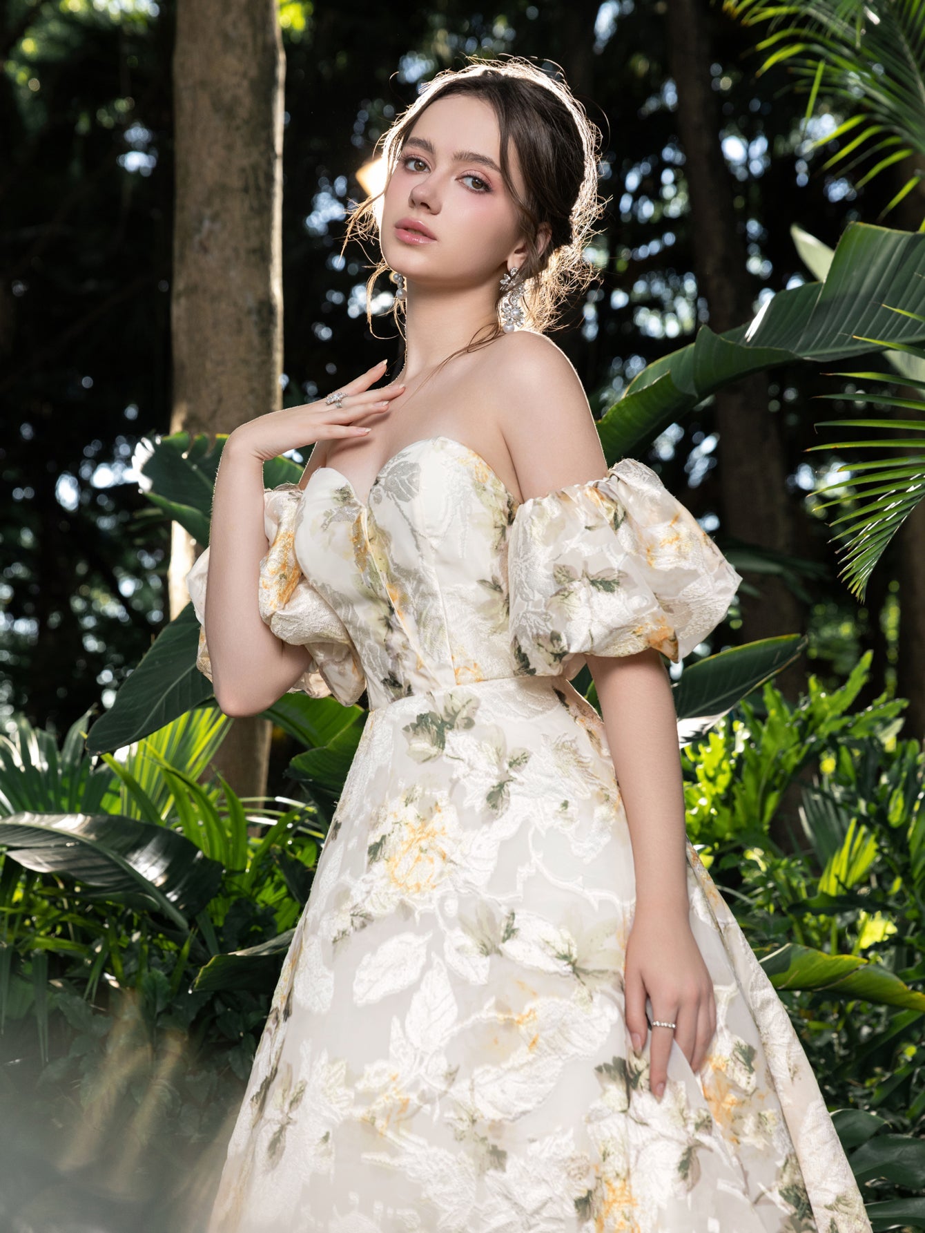 Midi Floral Jacquard Off-Shoulder Gown – Elegant Dress for Garden Gal – Faeriesty