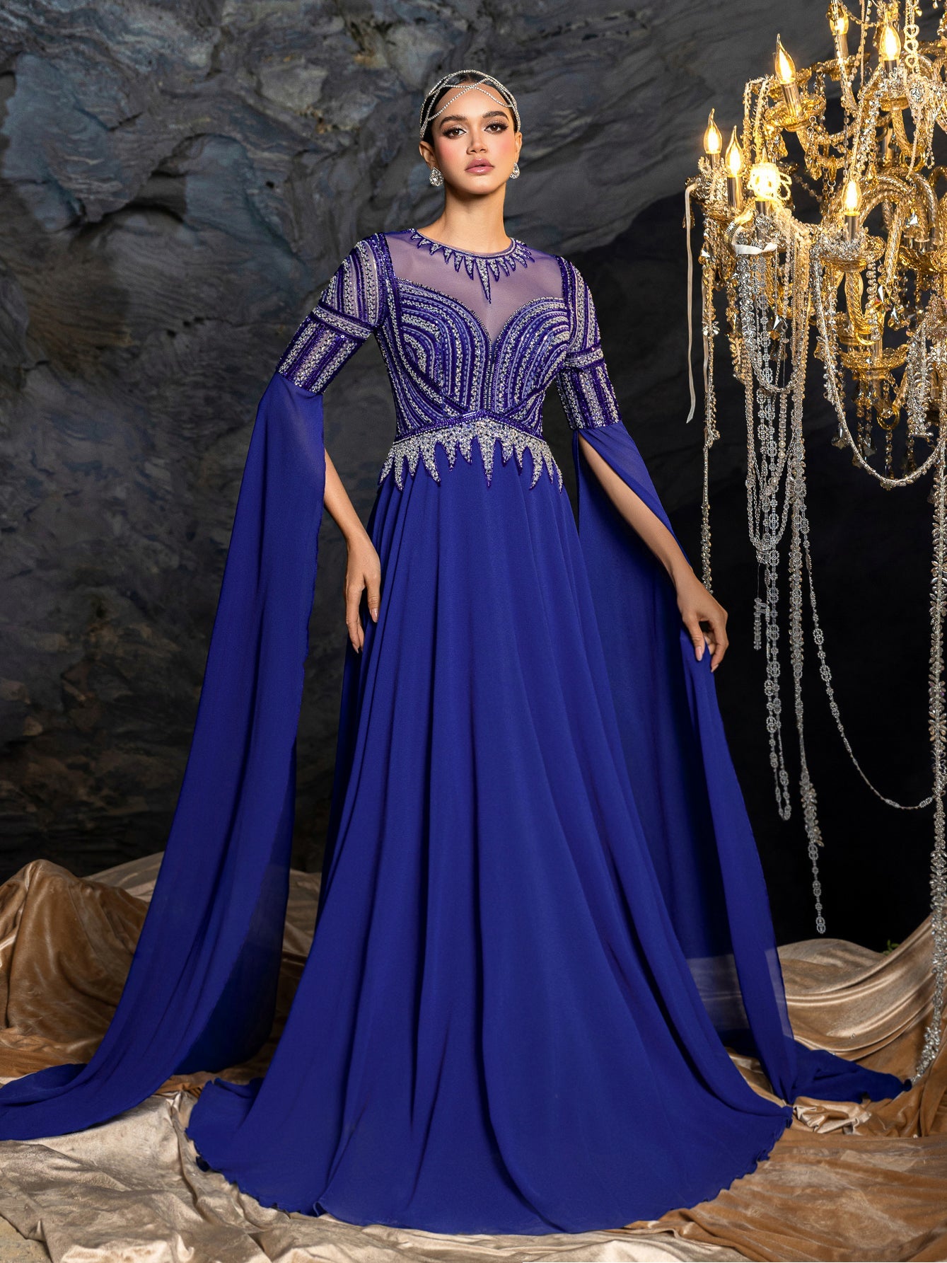 Gorgeous Chiffon Evening Gown with Sequins, Beads & Geometric V-Details, Long Sleeve Cape & Full Flowing Skirt