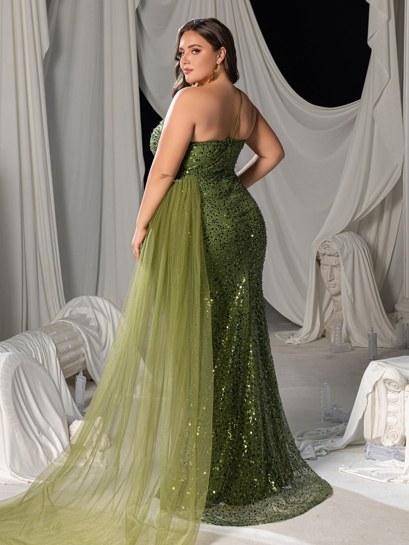 Plus One-Shoulder Sequin Mermaid Gown with Tulle Train & High Slit