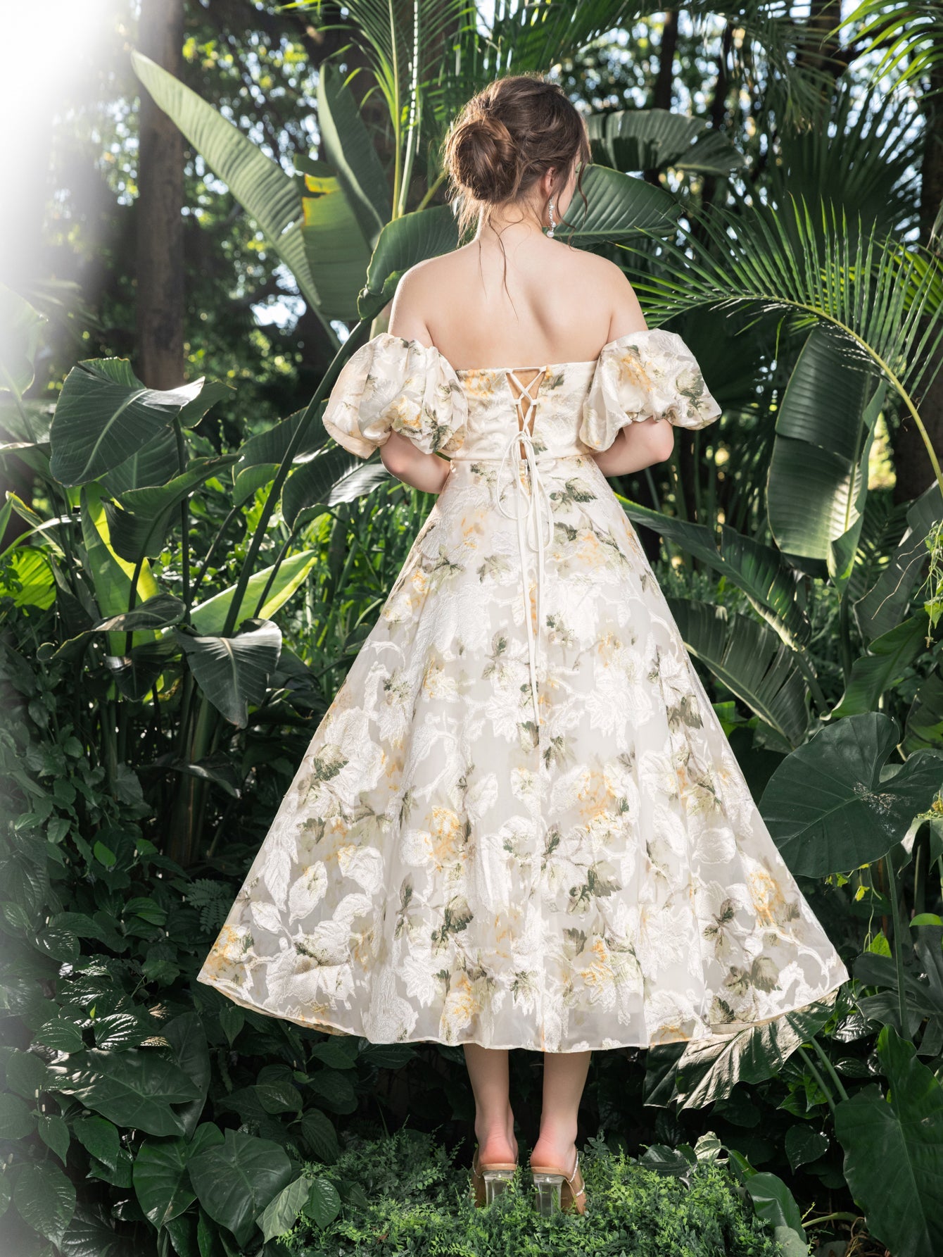 Midi Floral Jacquard Off-Shoulder Gown Elegant Dress for Garden Gal White / XS Midi Floral Jacquard Off-Shoulder Gown Elegant Dress for Garden Gal White / XS