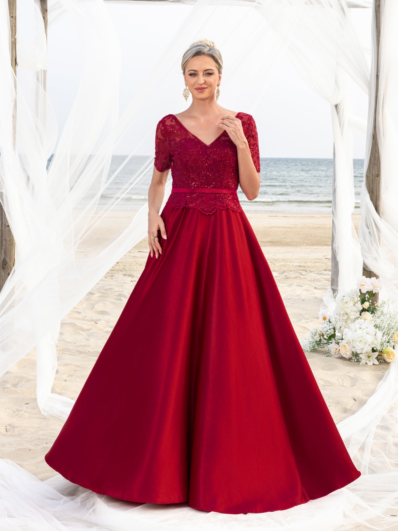 Womens' Lace & Satin A-Line Mother-of-the-Bride Gown with V-Neck Detail