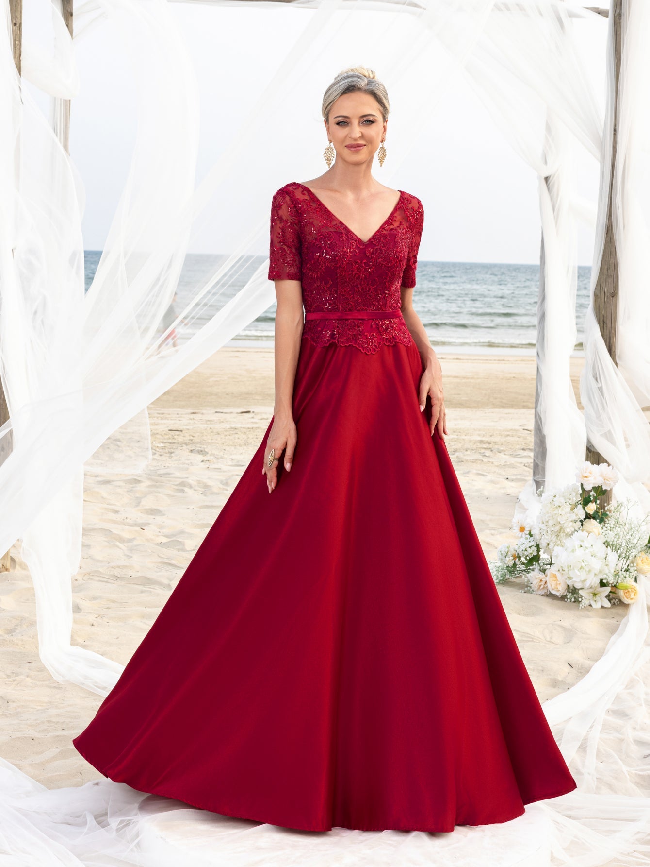 Womens' Lace & Satin A-Line Mother-of-the-Bride Gown with V-Neck Detail