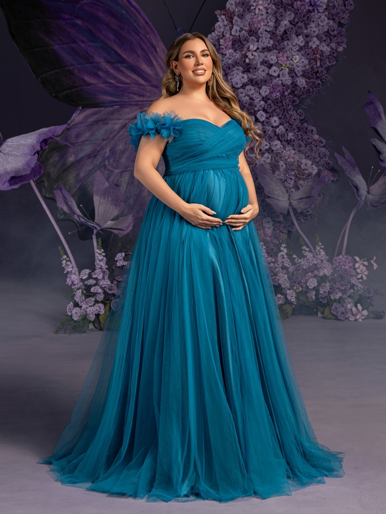 Plus Maternity  Off Shoulder Ruched Front Split Mesh Party Dress