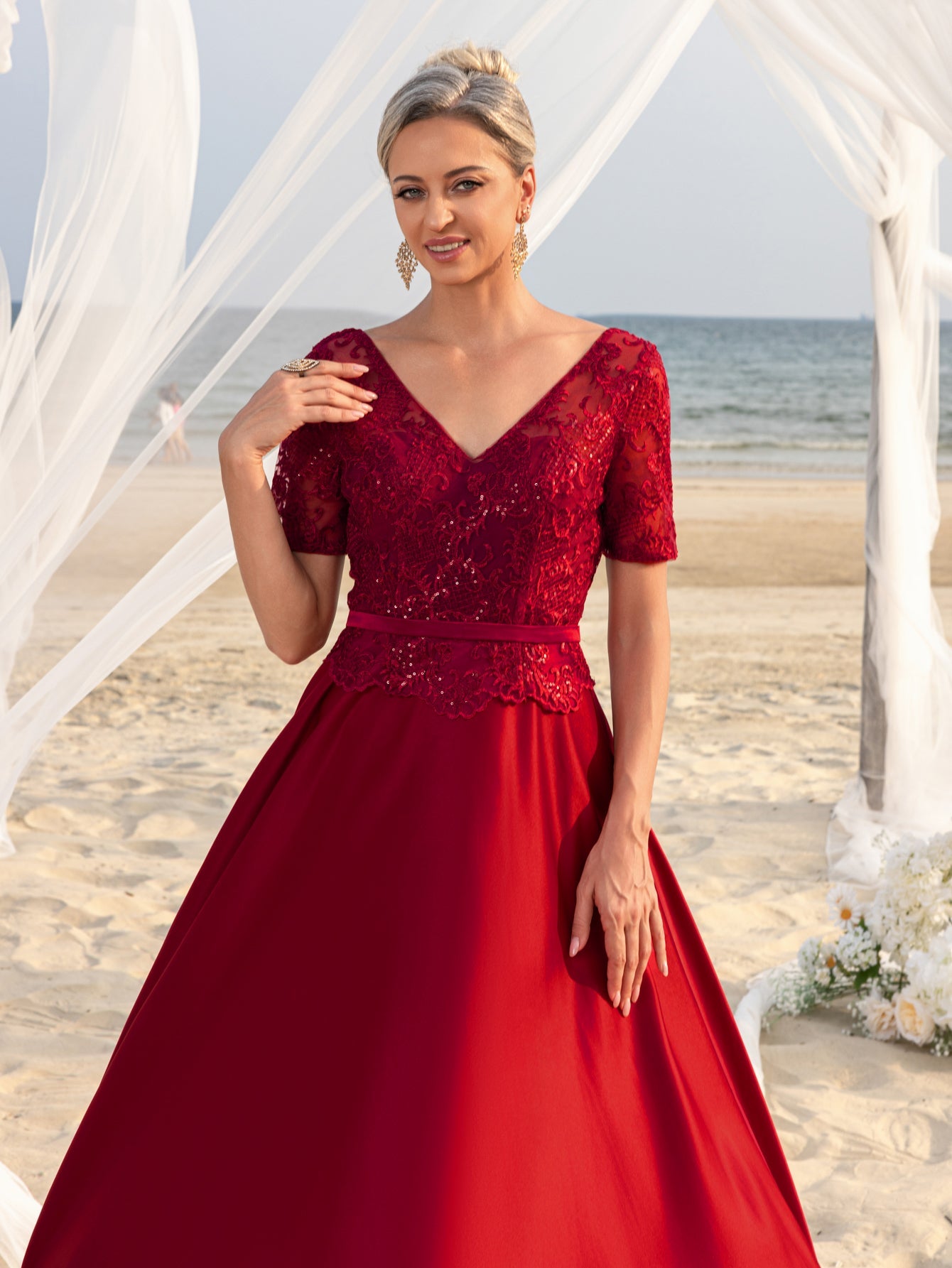 Womens' Lace & Satin A-Line Mother-of-the-Bride Gown with V-Neck Detail