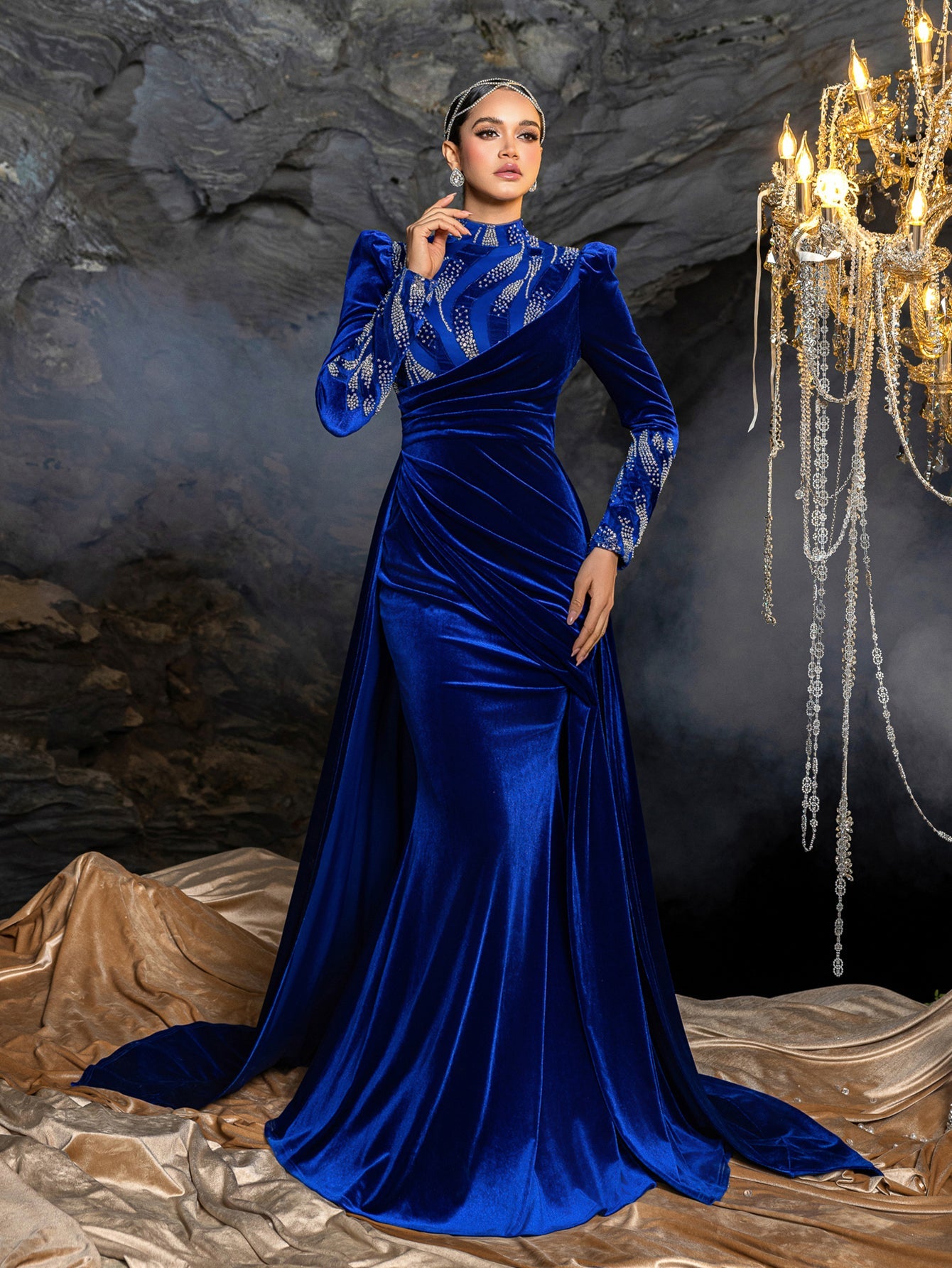 Long Sleeve Beaded Evening Gown with Sweep Train