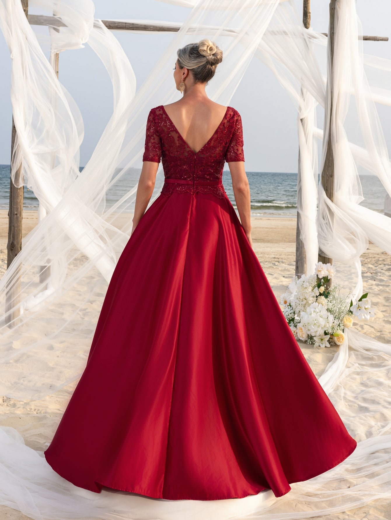 Womens' Lace & Satin A-Line Mother-of-the-Bride Gown with V-Neck Detail