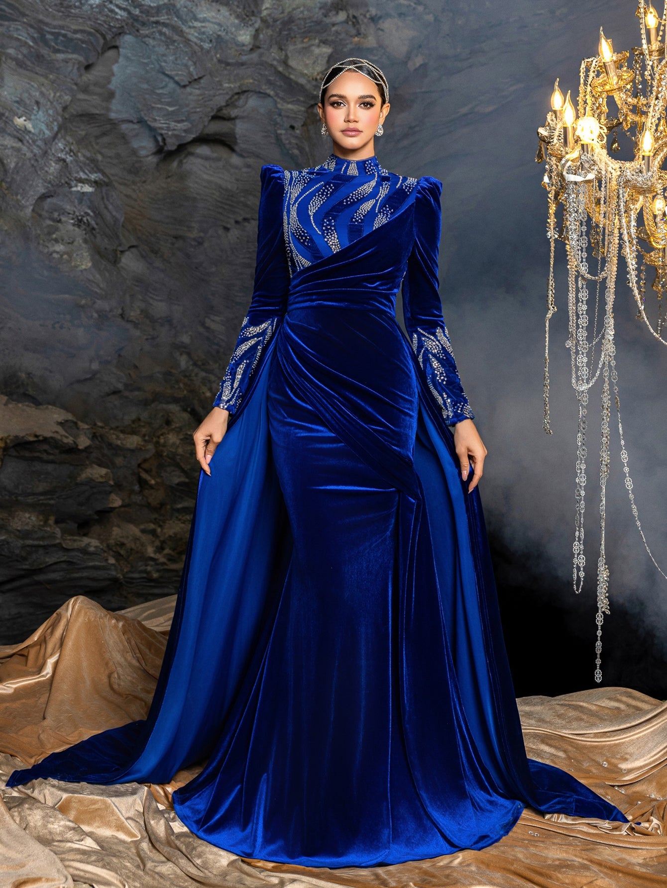 Long Sleeve Beaded Evening Gown with Sweep Train