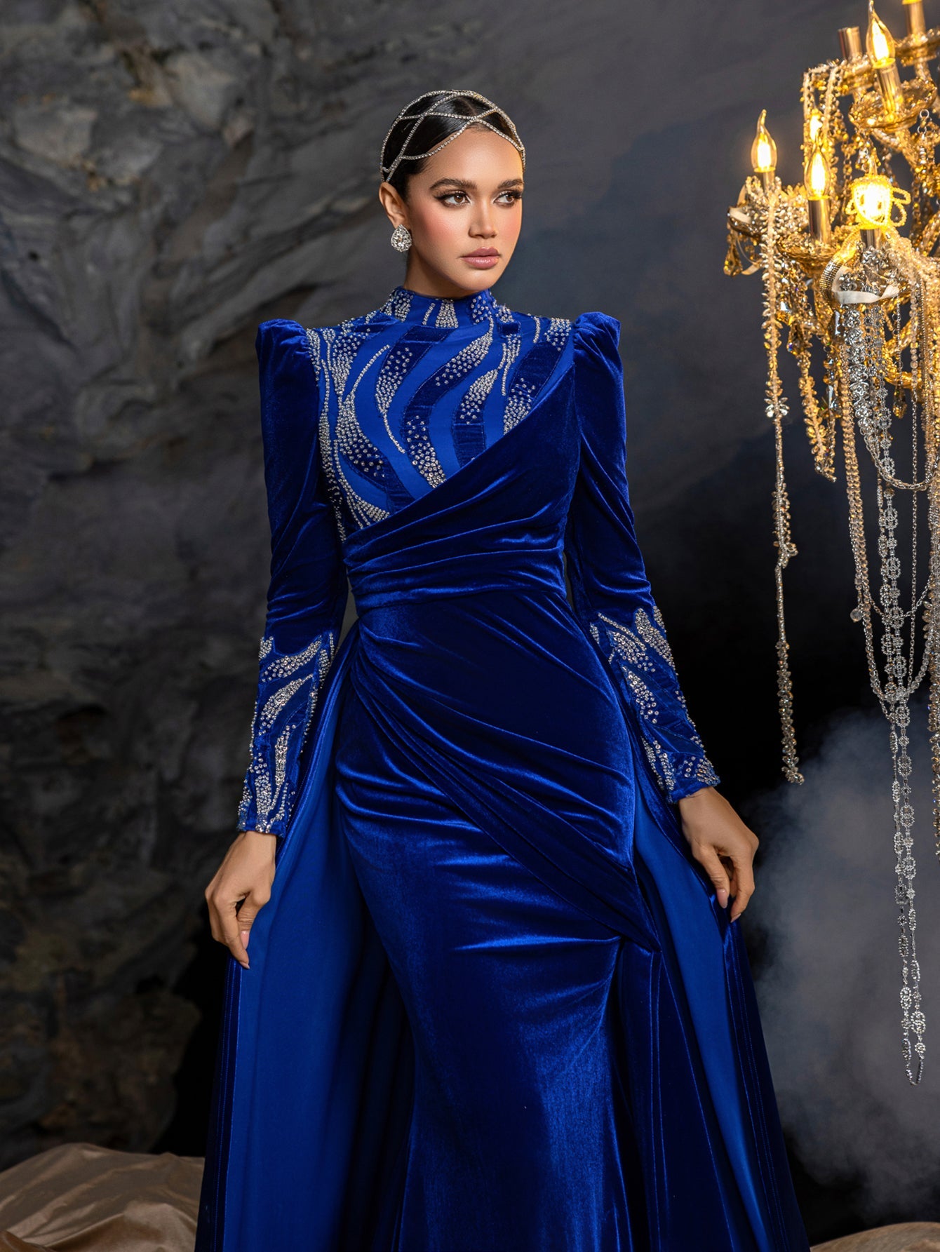Long Sleeve Beaded Evening Gown with Sweep Train