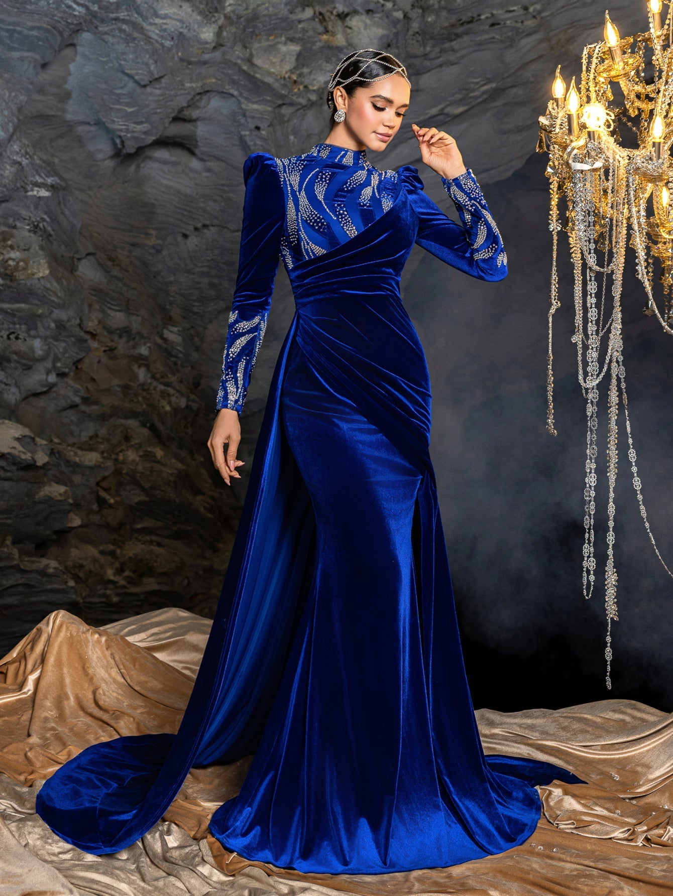 Long Sleeve Beaded Evening Gown with Sweep Train