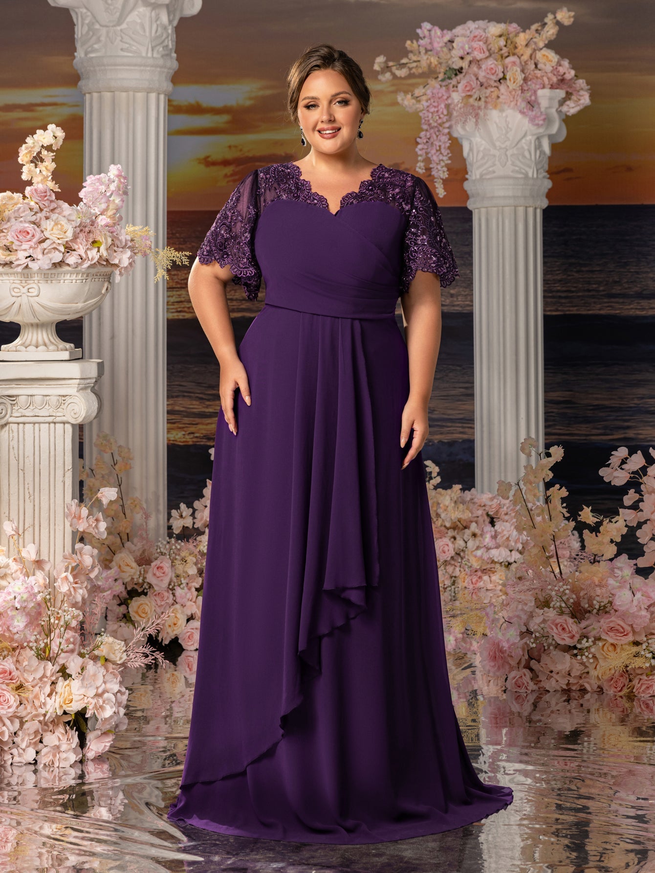 Plus Womens' Evening Gown with Lace Short Sleeves, Sparkling Beaded Accents & Flowing Cascading Skirt – Dramatic Deep V-Neck Formal Dress