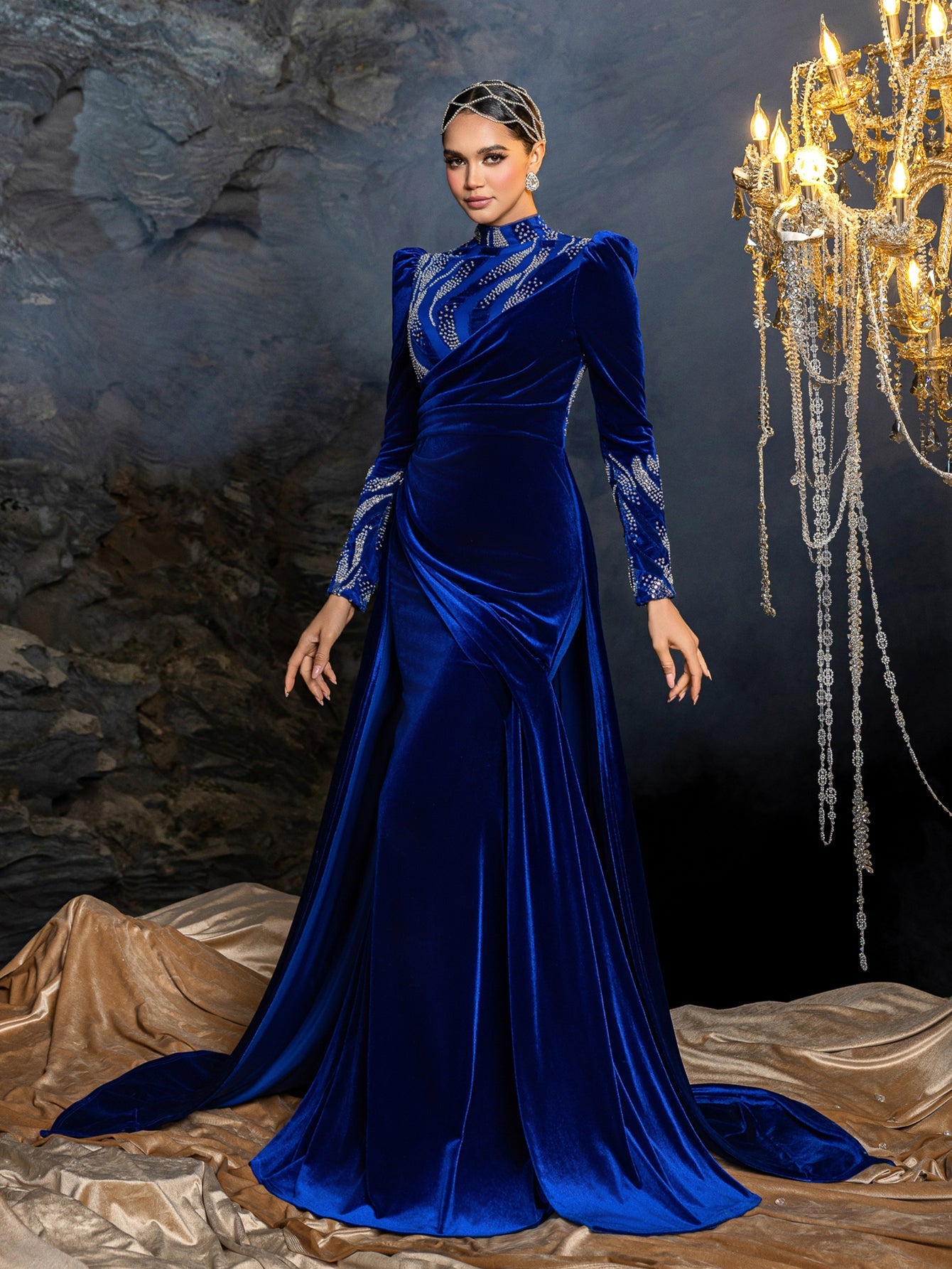 Long Sleeve Beaded Evening Gown with Sweep Train
