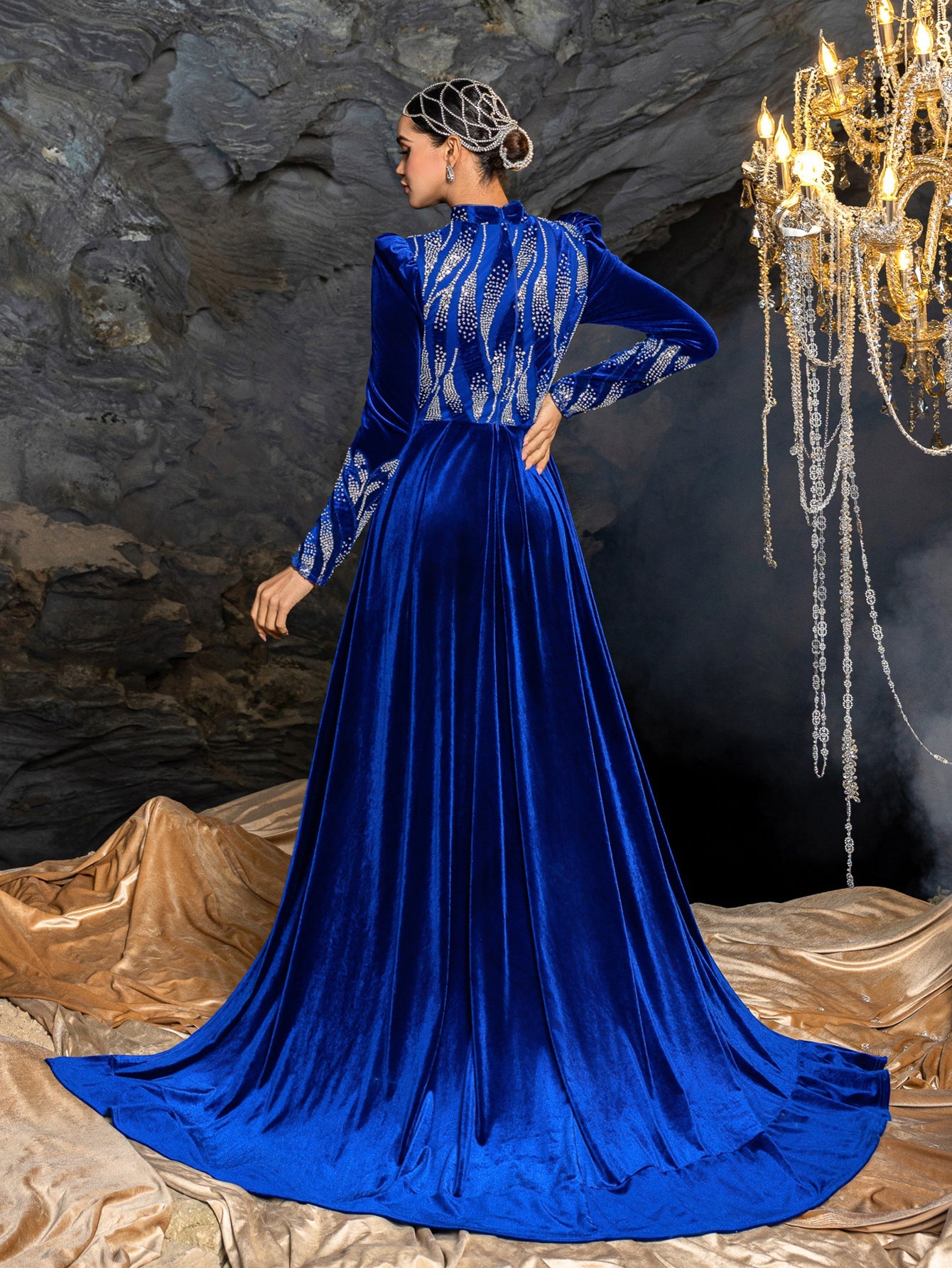 Long Sleeve Beaded Evening Gown with Sweep Train