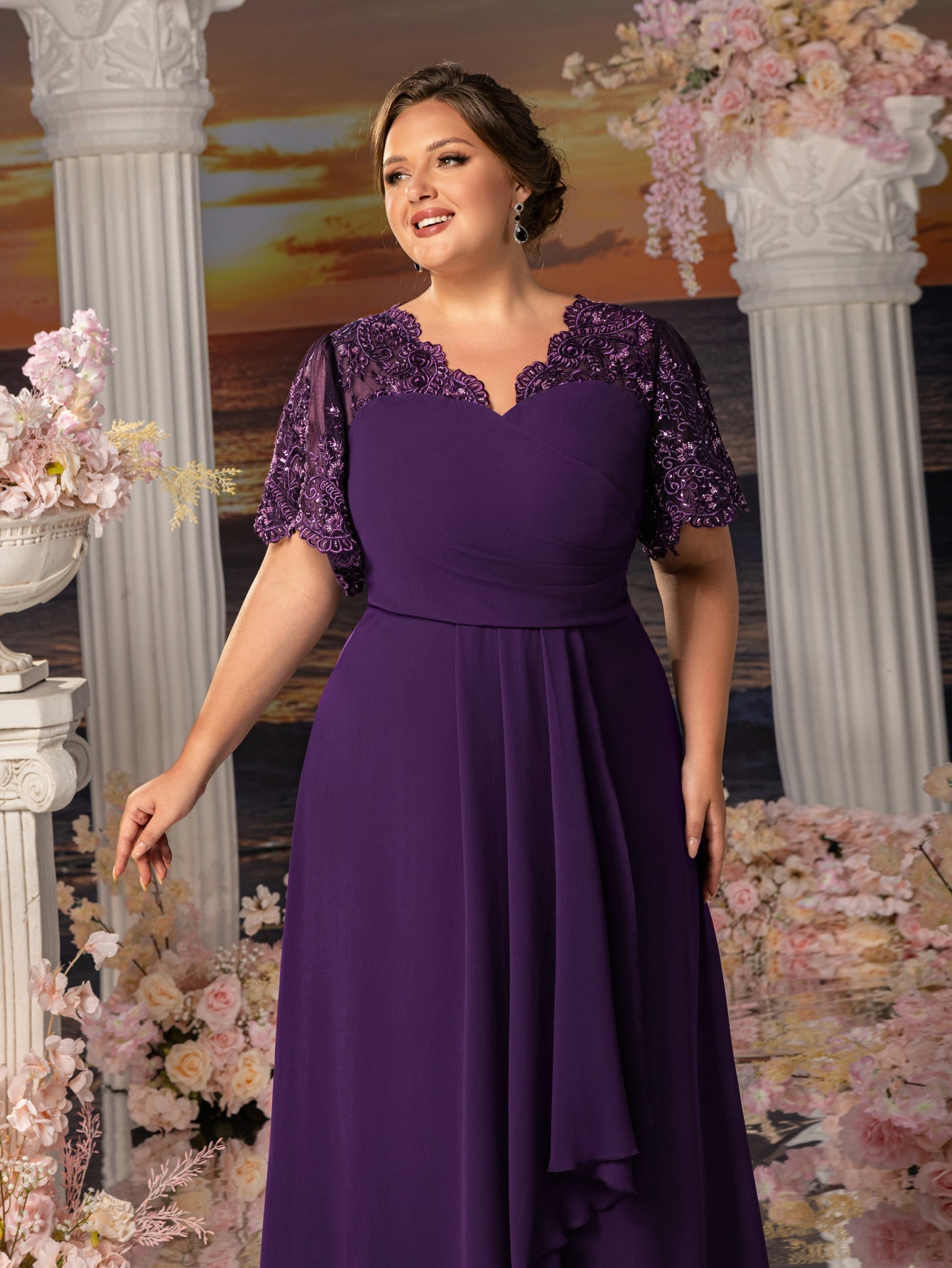 Plus Womens' Evening Gown with Lace Short Sleeves, Sparkling Beaded Accents & Flowing Cascading Skirt – Dramatic Deep V-Neck Formal Dress