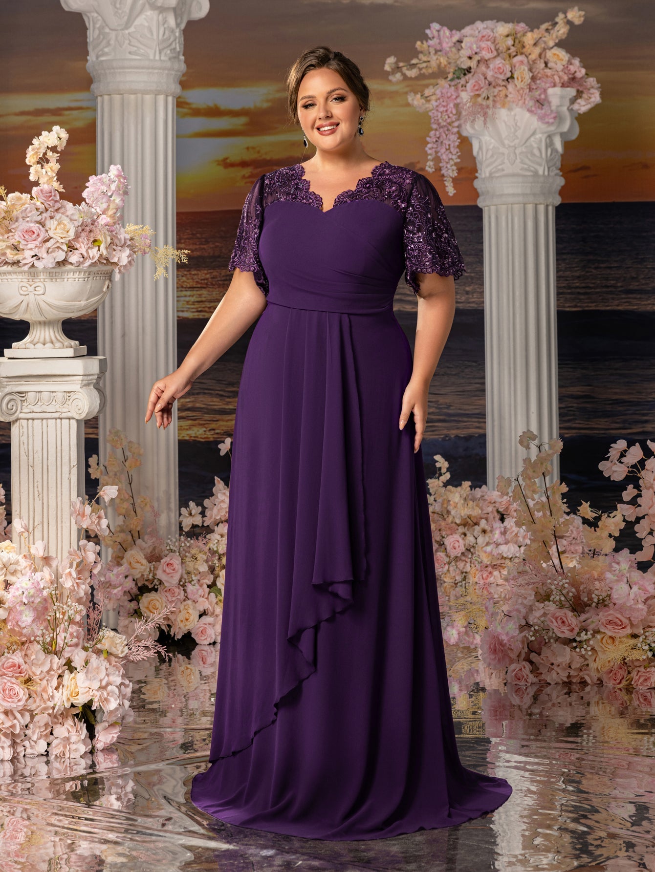 Plus Womens' Evening Gown with Lace Short Sleeves, Sparkling Beaded Accents & Flowing Cascading Skirt – Dramatic Deep V-Neck Formal Dress