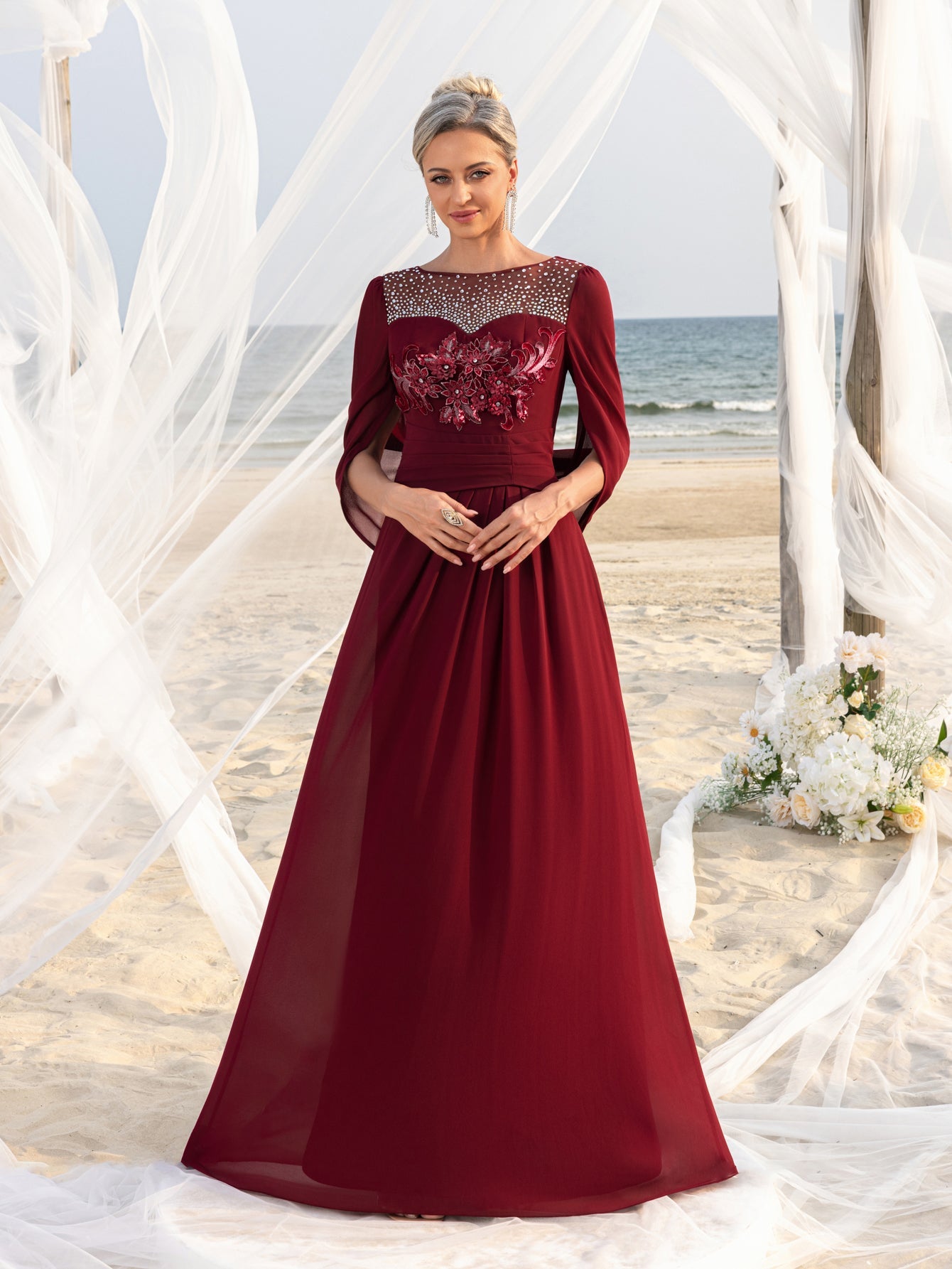 Womens' Elegant Mother of the Bride Gown with Rhinestone Neckline & Floral Appliqué – Floor-Length Chiffon Evening Dress for Formal Galas