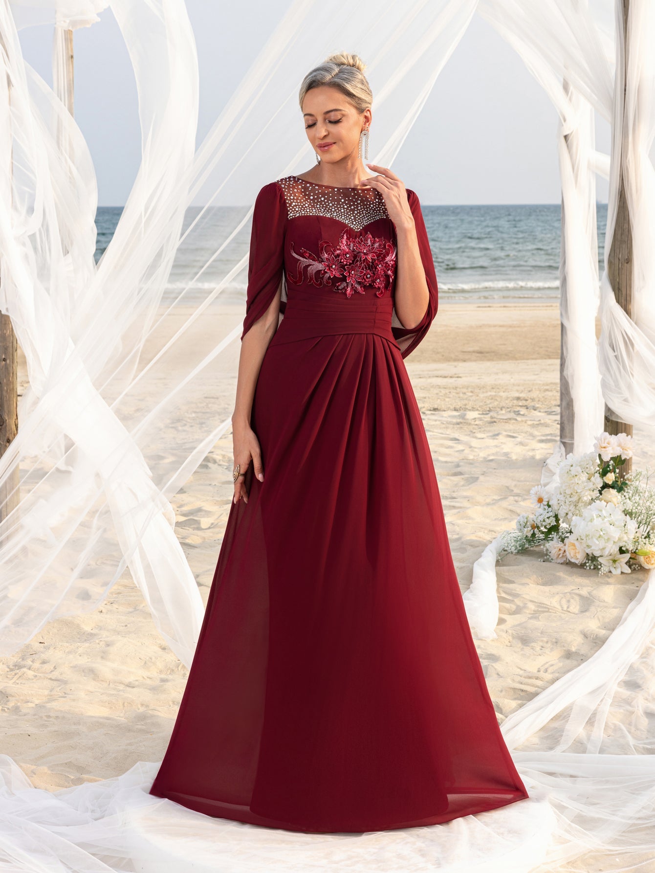 Womens' Elegant Mother of the Bride Gown with Rhinestone Neckline & Floral Appliqué – Floor-Length Chiffon Evening Dress for Formal Galas