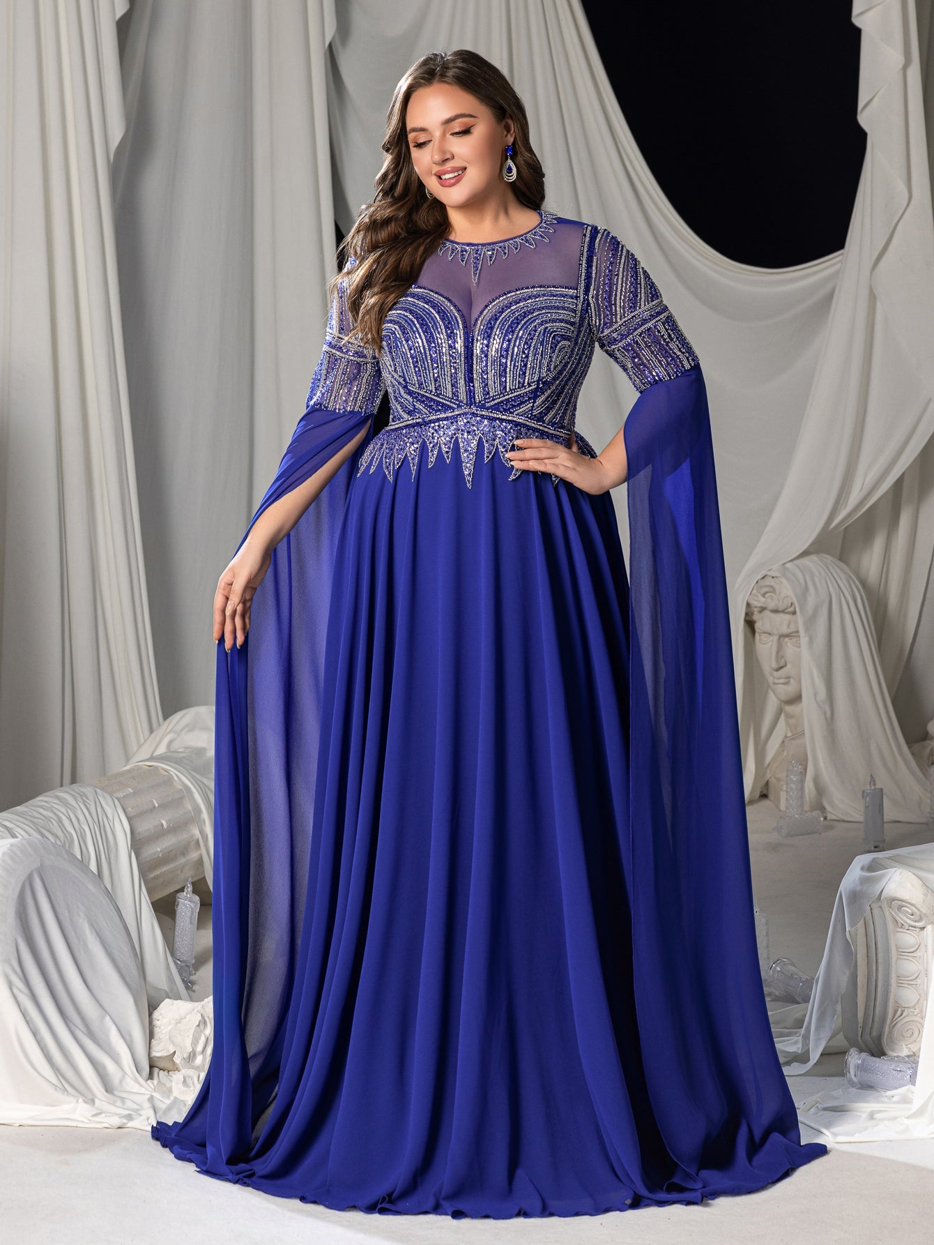 Plus Chiffon Evening Gown with Sequins, Beads & Geometric V-Details, Long Sleeve Cape & Full Flowing Skirt