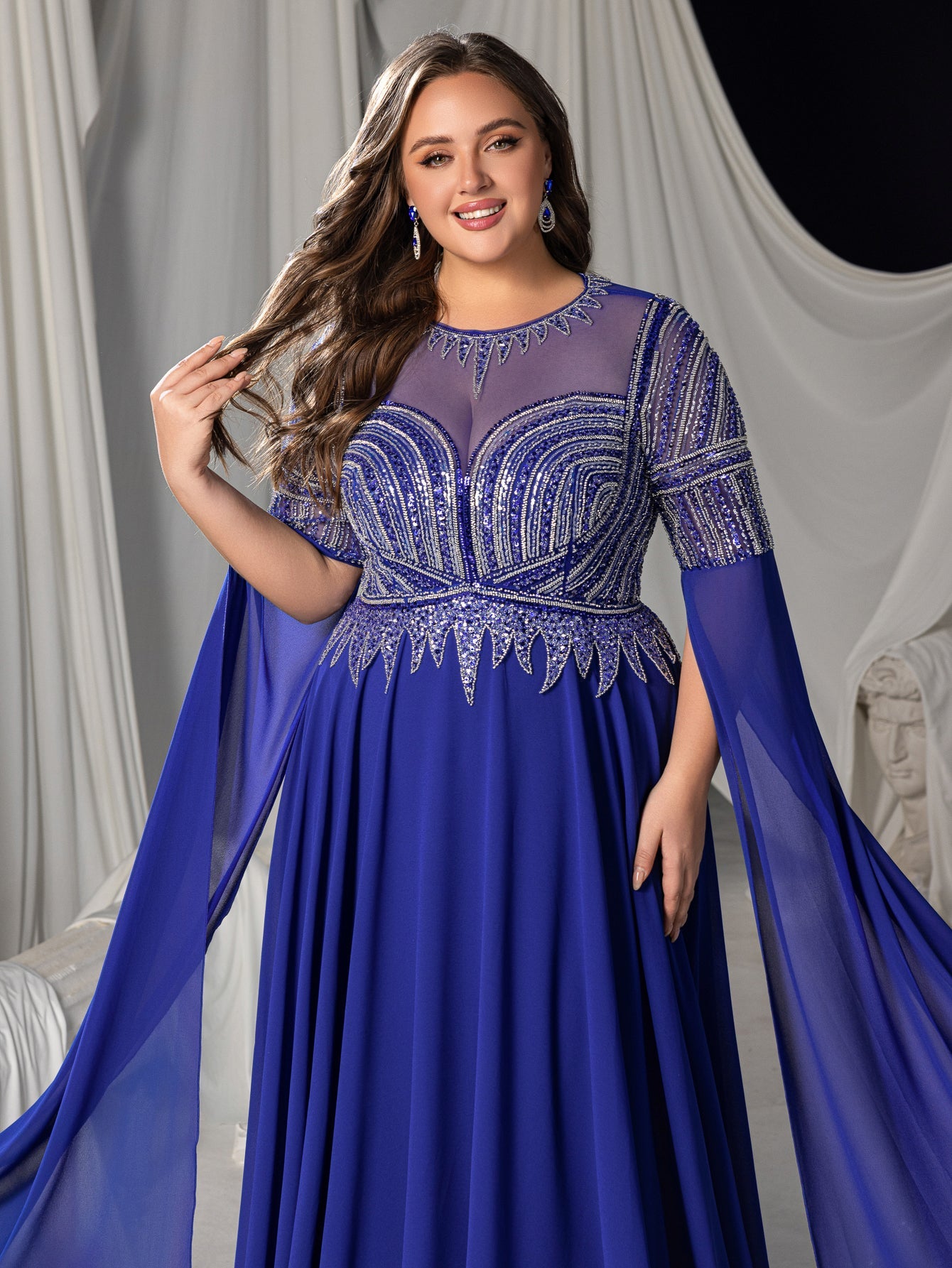 Plus Chiffon Evening Gown with Sequins, Beads & Geometric V-Details, Long Sleeve Cape & Full Flowing Skirt