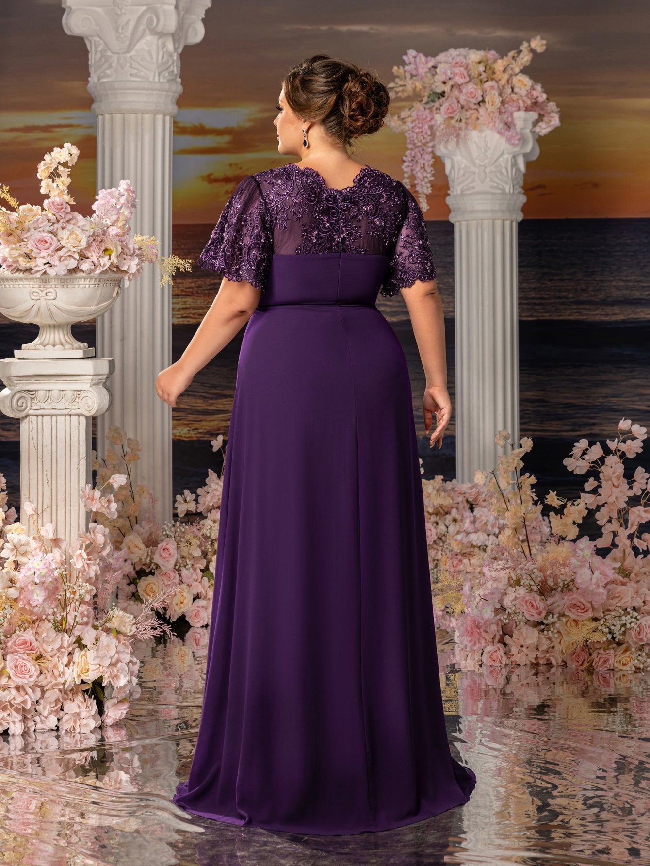 Plus Womens' Evening Gown with Lace Short Sleeves, Sparkling Beaded Accents & Flowing Cascading Skirt – Dramatic Deep V-Neck Formal Dress