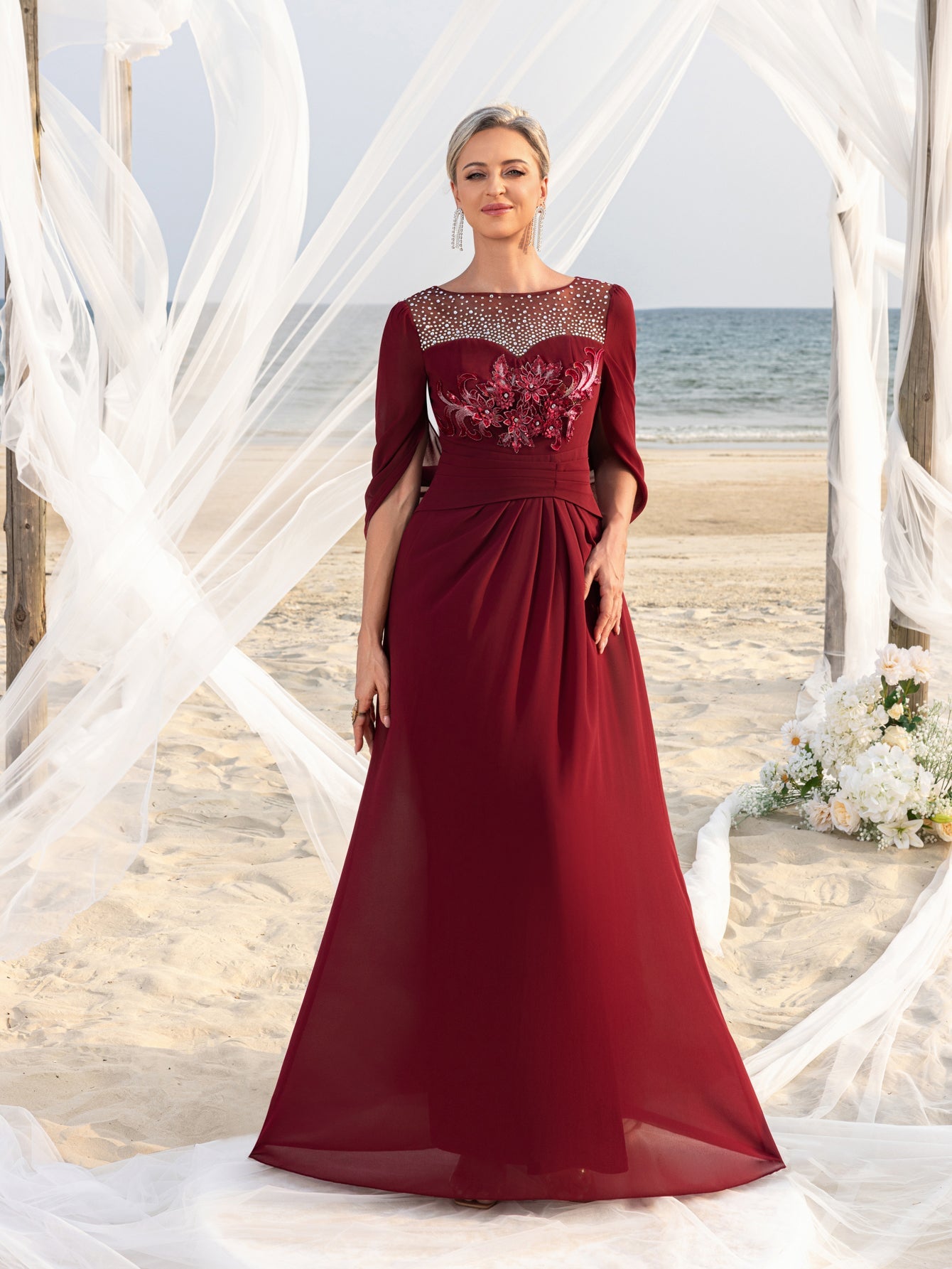 Womens' Elegant Mother of the Bride Gown with Rhinestone Neckline & Floral Appliqué – Floor-Length Chiffon Evening Dress for Formal Galas