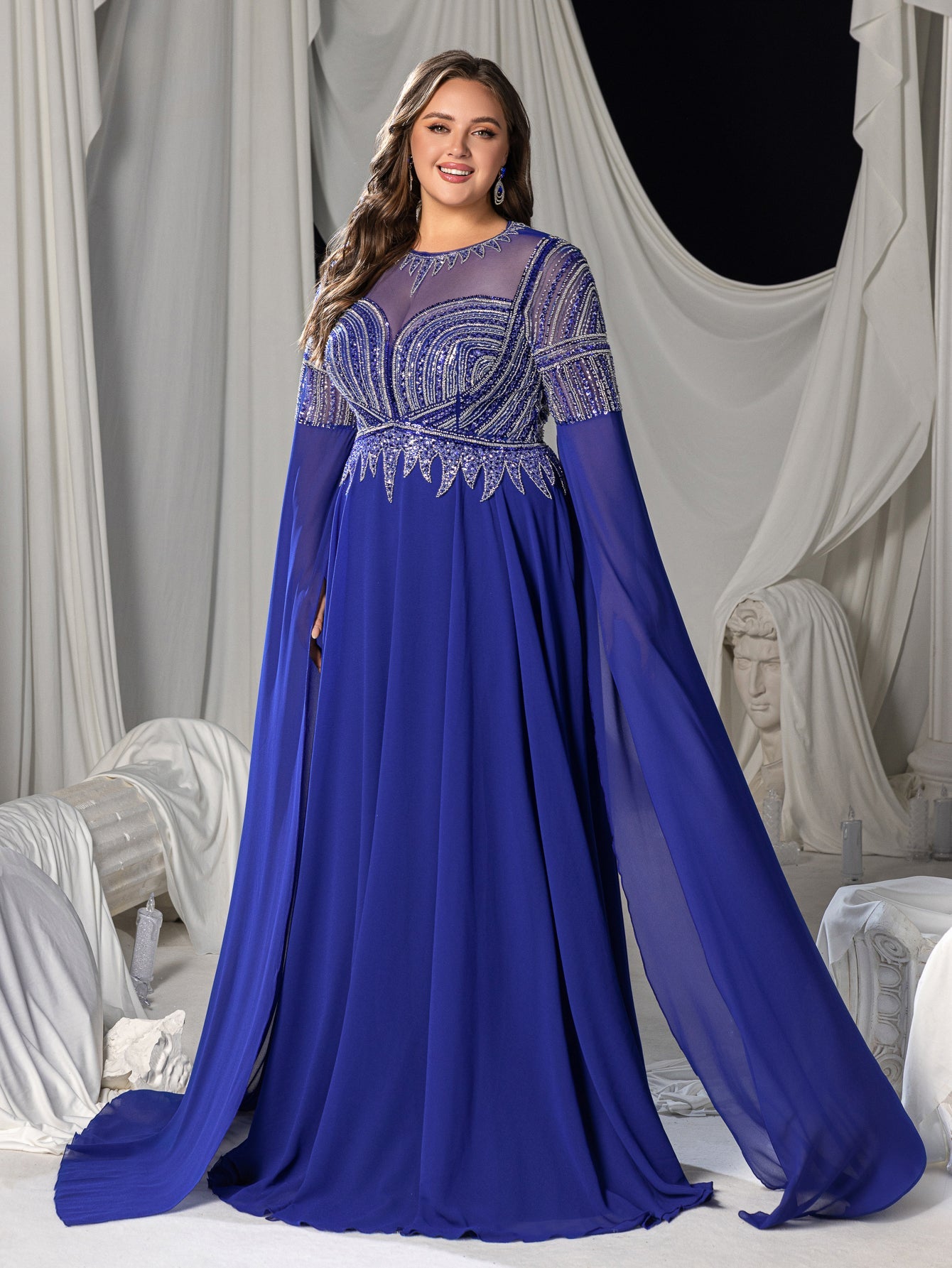 Plus Chiffon Evening Gown with Sequins, Beads & Geometric V-Details, Long Sleeve Cape & Full Flowing Skirt