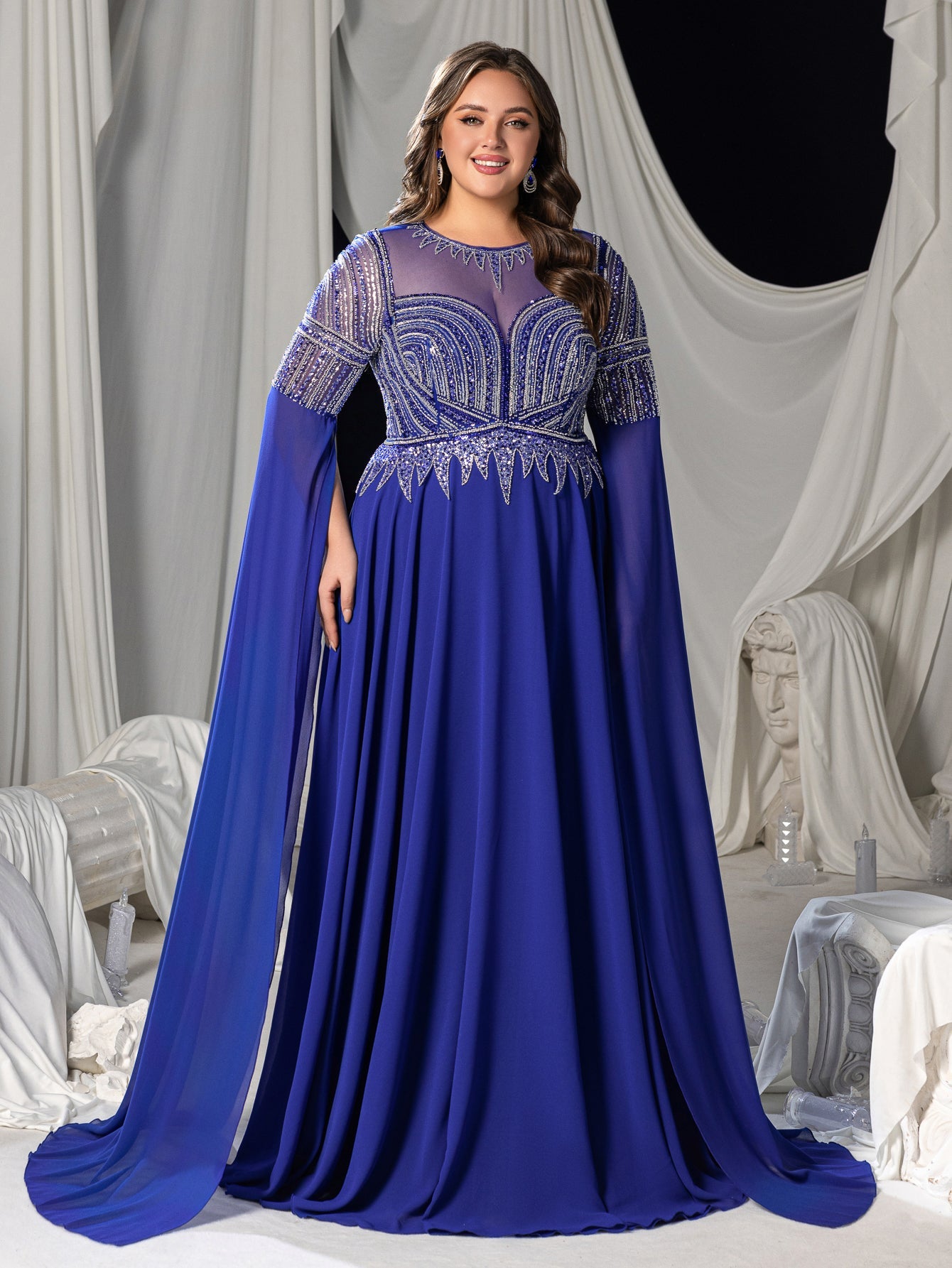 Plus Chiffon Evening Gown with Sequins, Beads & Geometric V-Details, Long Sleeve Cape & Full Flowing Skirt