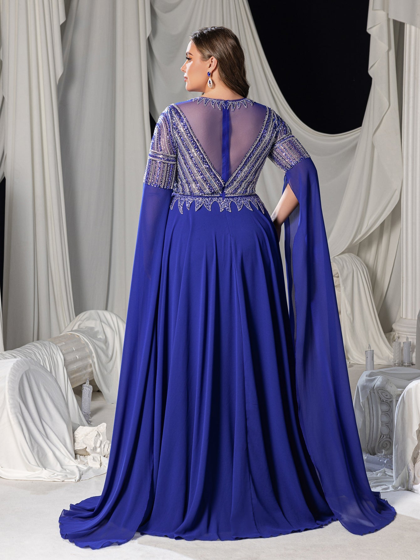 Plus Chiffon Evening Gown with Sequins, Beads & Geometric V-Details, Long Sleeve Cape & Full Flowing Skirt