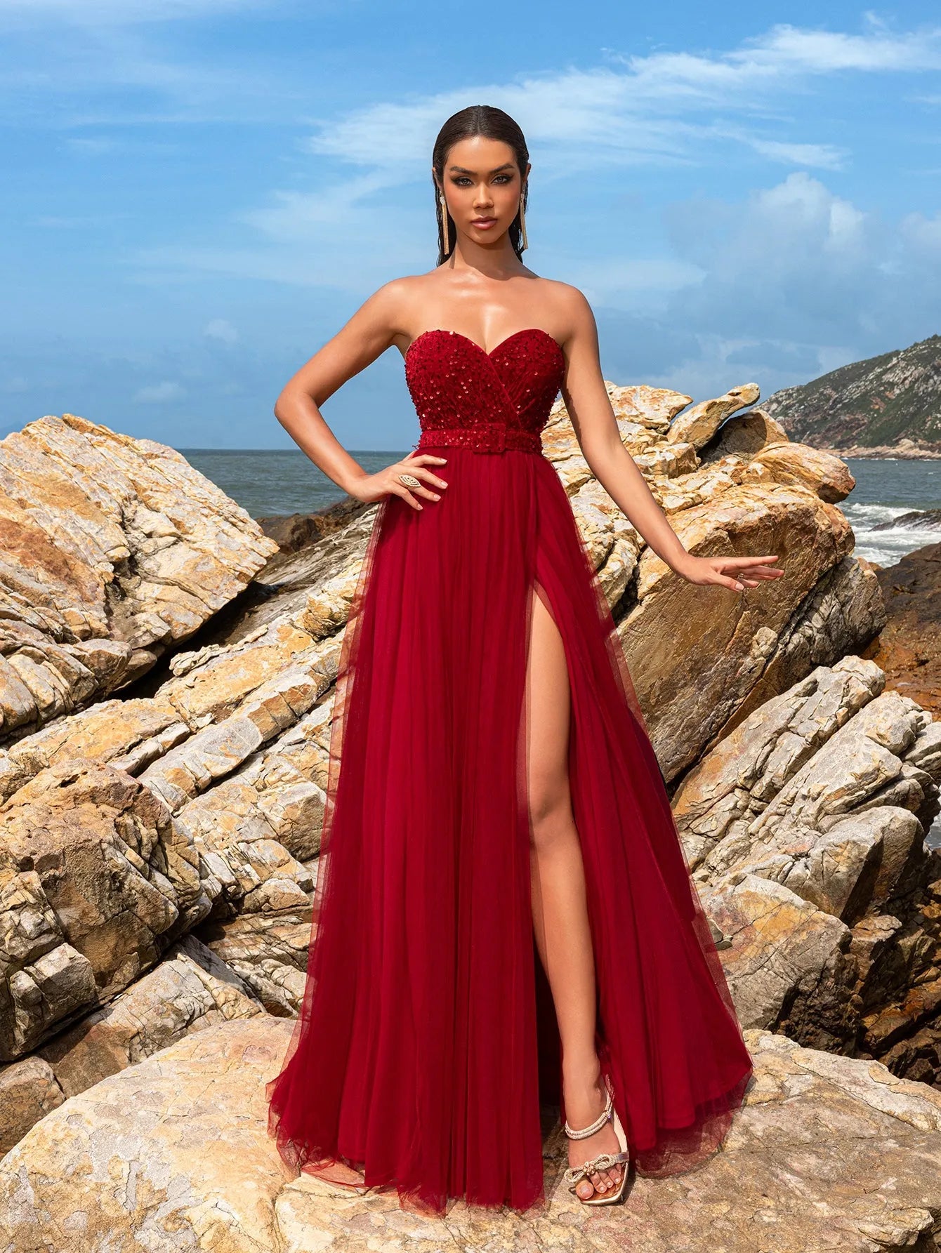 Elegant Strapless Split Thigh A-line Formal Evening Dress Faeriesty Elegant Strapless Split Thigh A-line Formal Evening Dress Faeriesty