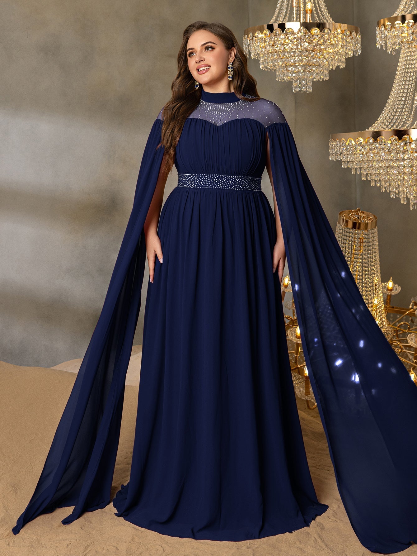 High Neck Chiffon with Rhinestone Details