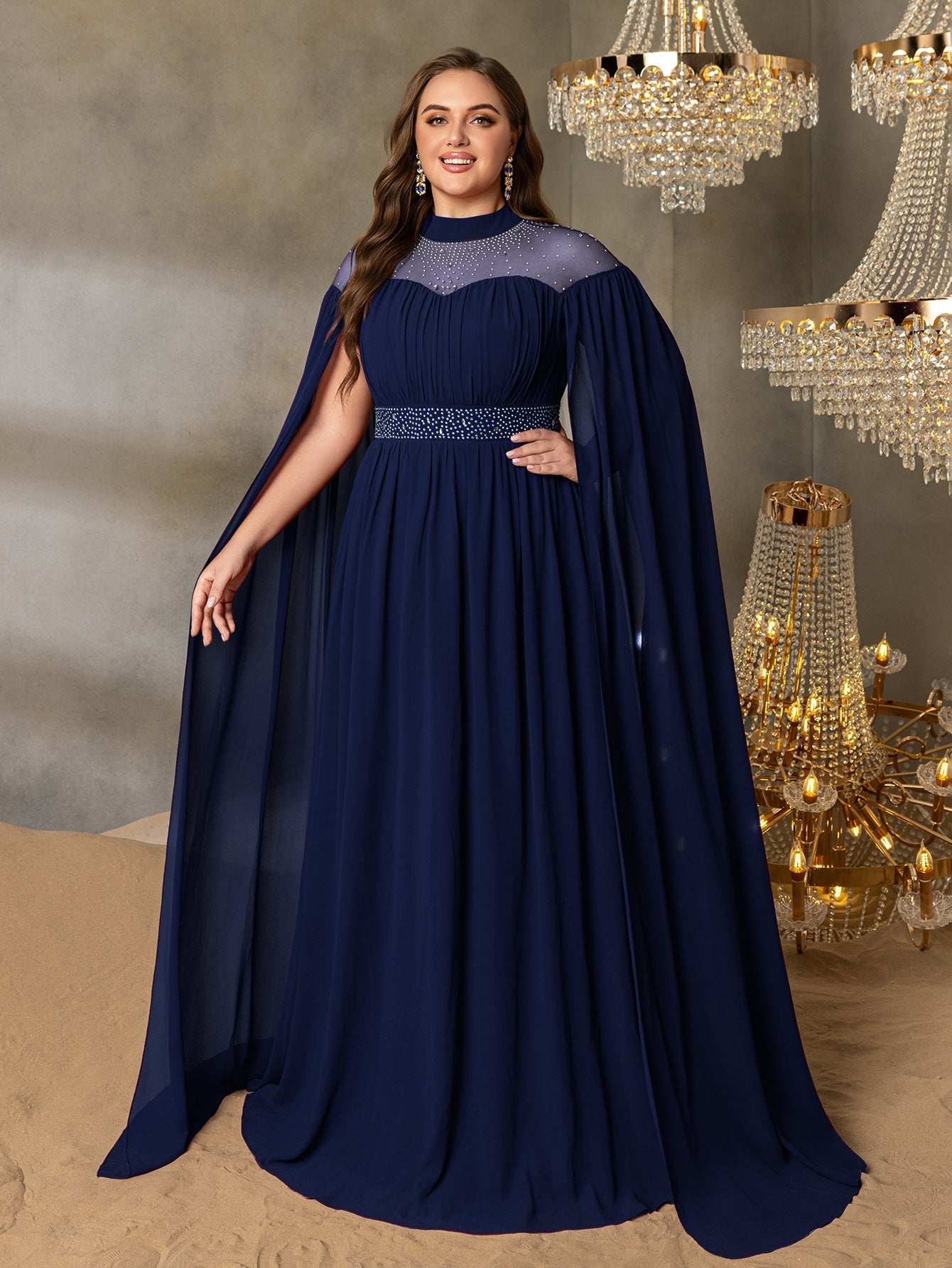 High Neck Chiffon with Rhinestone Details