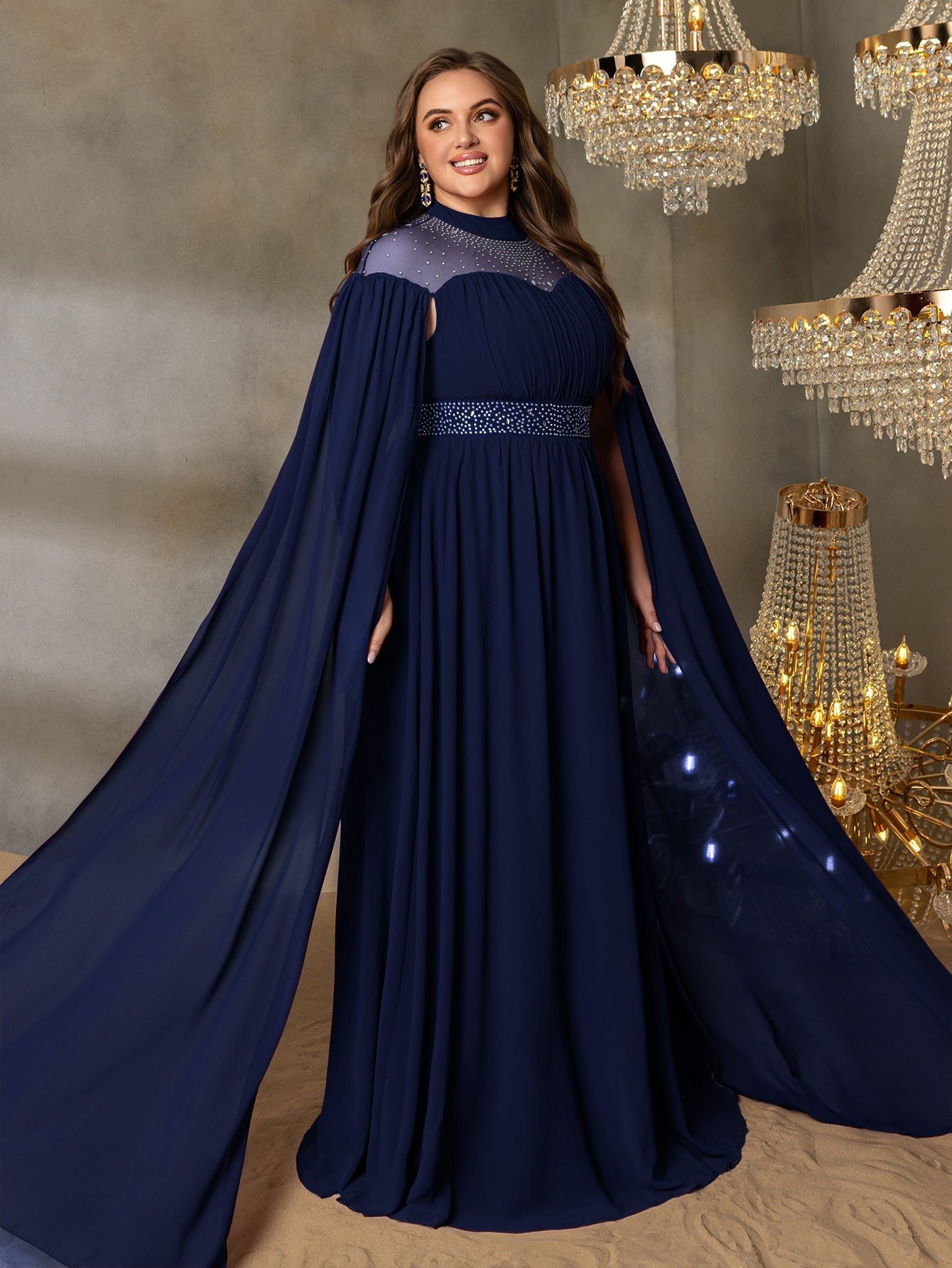 High Neck Chiffon with Rhinestone Details