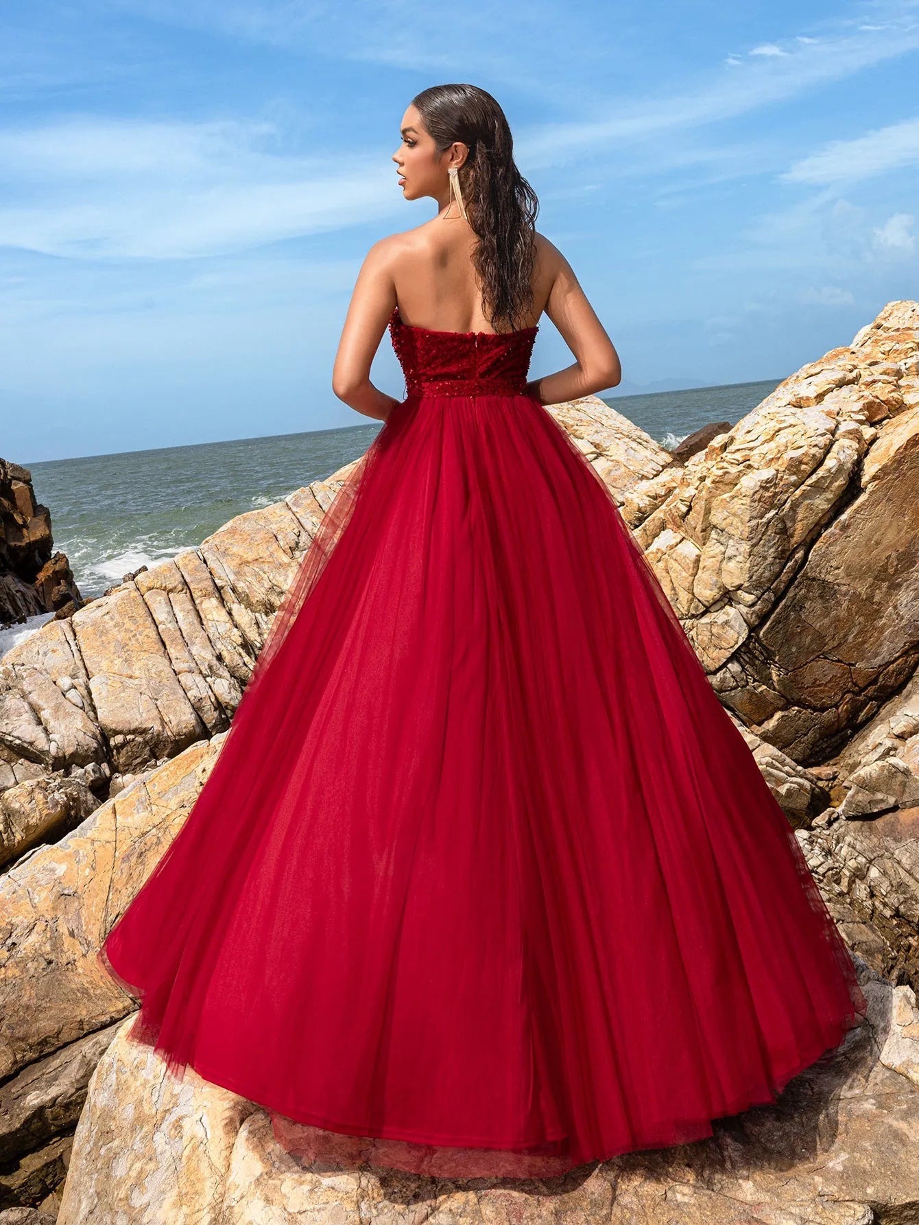 Elegant Strapless Split Thigh A-line Formal Evening Dress Blue / M Elegant Strapless Split Thigh A-line Formal Evening Dress Blue / M