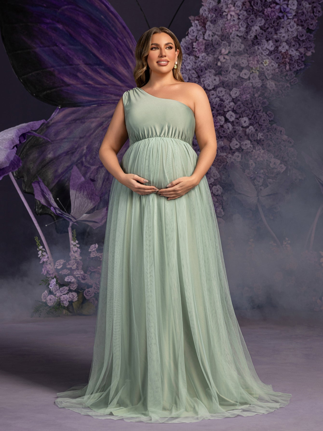 Plus Maternity One-Shoulder Gown with Asymmetrical Tulle Skirt & Sheer Elegance – 1XL-5XL Pregnancy Photoshoot Dress