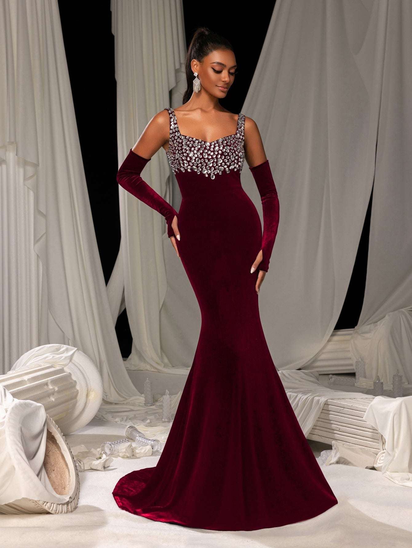 Vintage Velvet Mermaid Gown with Sweetheart Neckline, Sparkling Embellishments