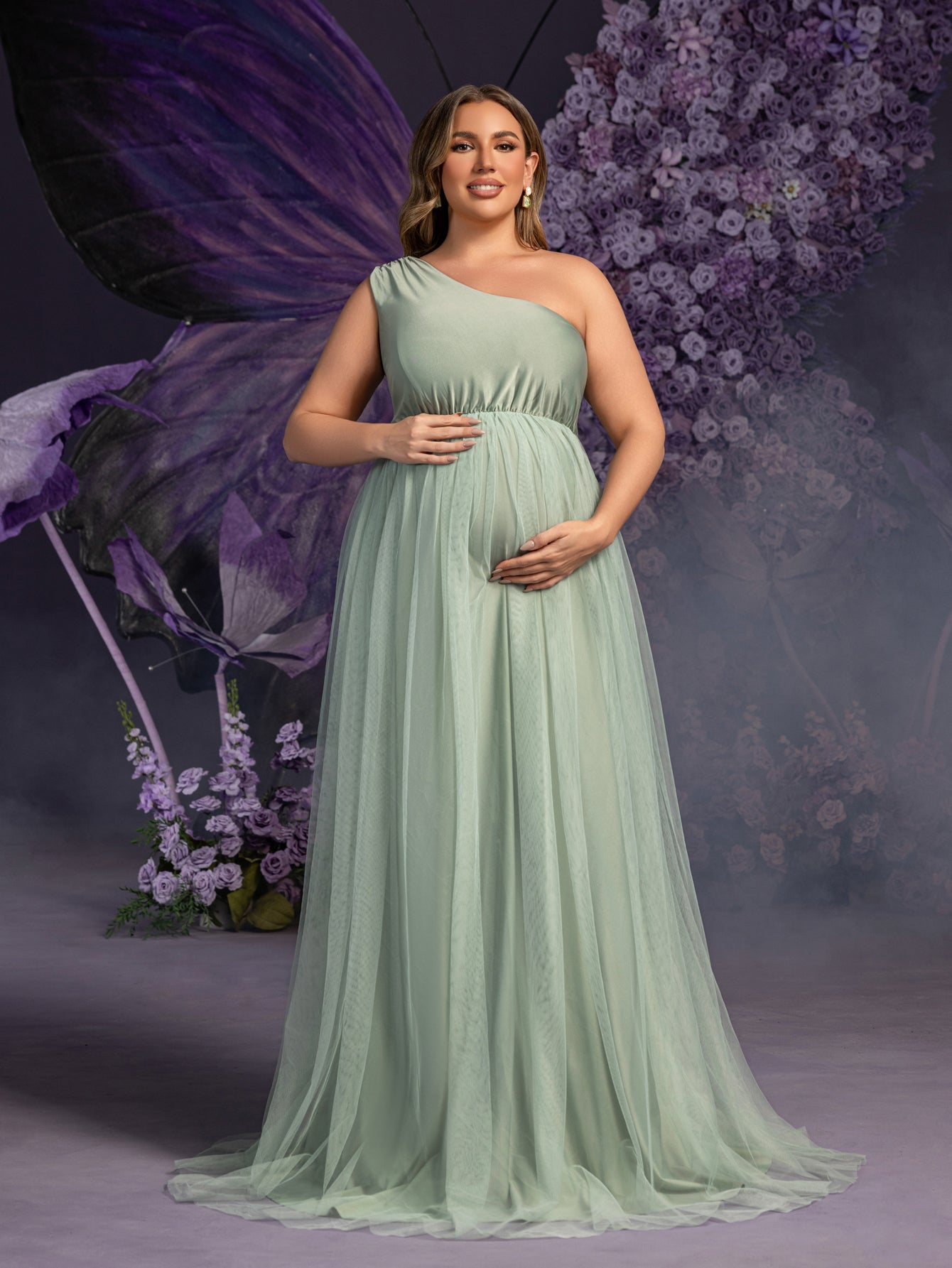 Plus Maternity One-Shoulder Gown with Asymmetrical Tulle Skirt & Sheer Elegance – 1XL-5XL Pregnancy Photoshoot Dress