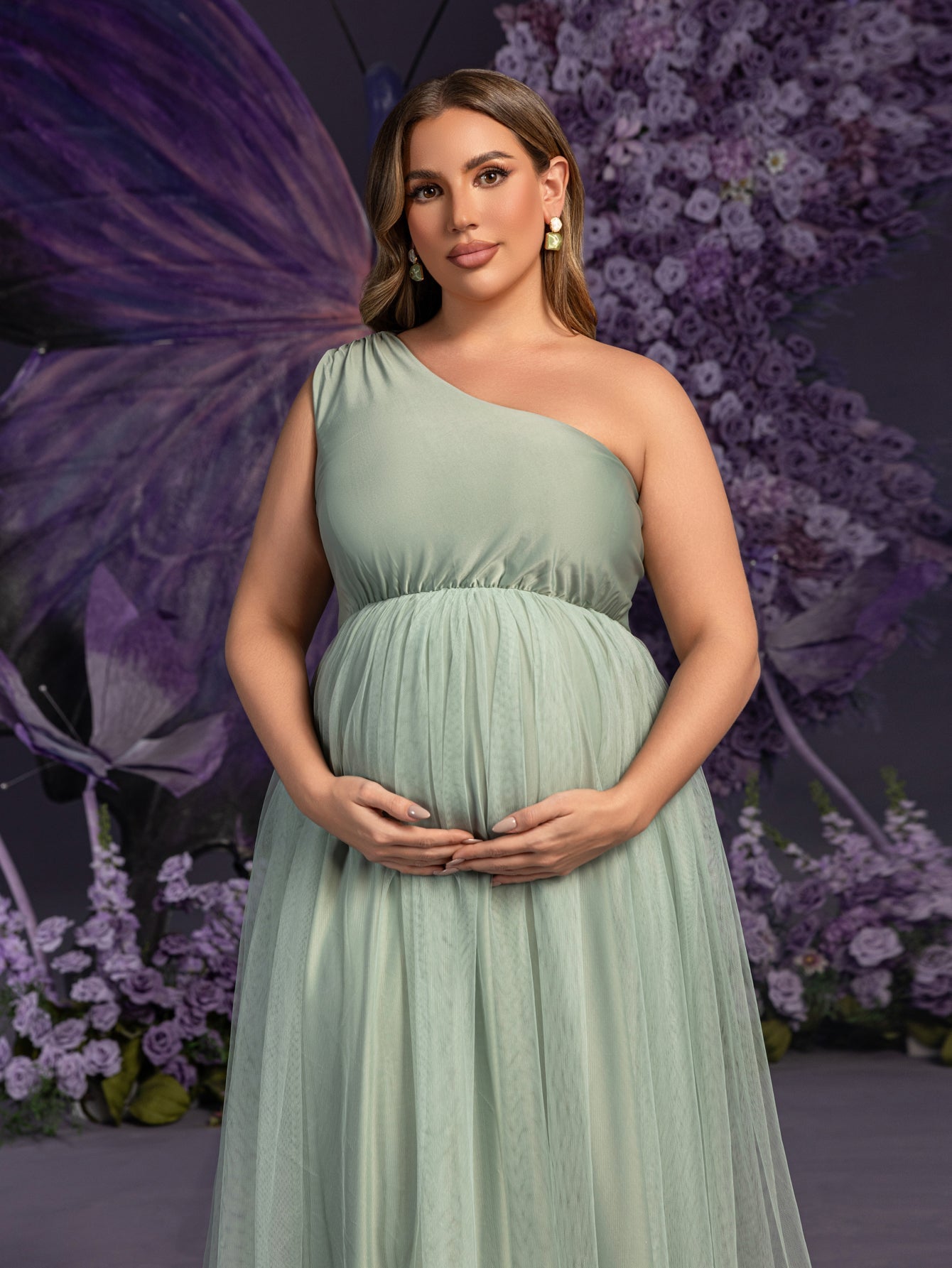 Plus Maternity One-Shoulder Gown with Asymmetrical Tulle Skirt & Sheer Elegance – 1XL-5XL Pregnancy Photoshoot Dress