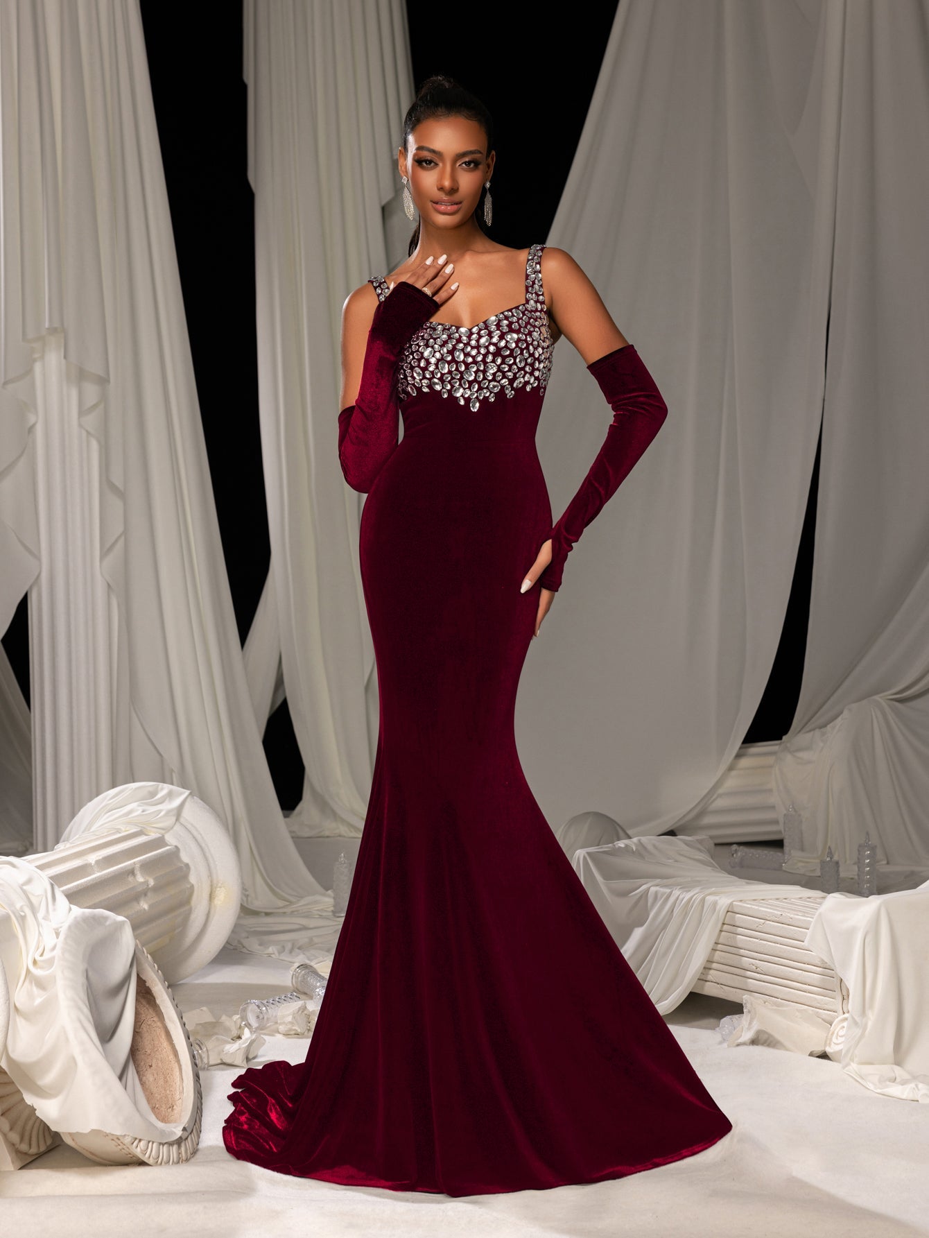 Vintage Velvet Mermaid Gown with Sweetheart Neckline, Sparkling Embellishments
