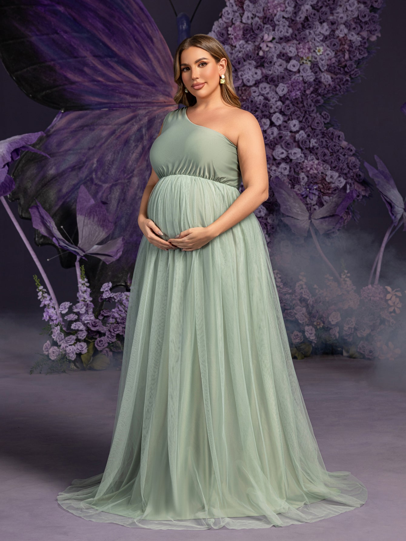 Plus Maternity One-Shoulder Gown with Asymmetrical Tulle Skirt & Sheer Elegance – 1XL-5XL Pregnancy Photoshoot Dress