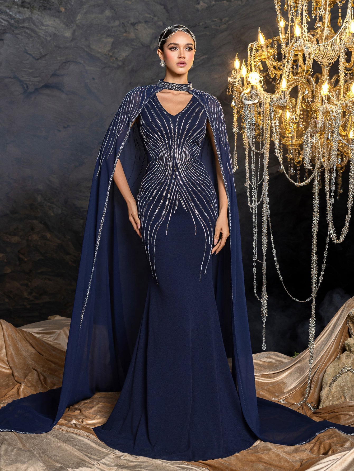 Deep V-Neck Mermaid Dress & Opera Length Rhinestone Cape