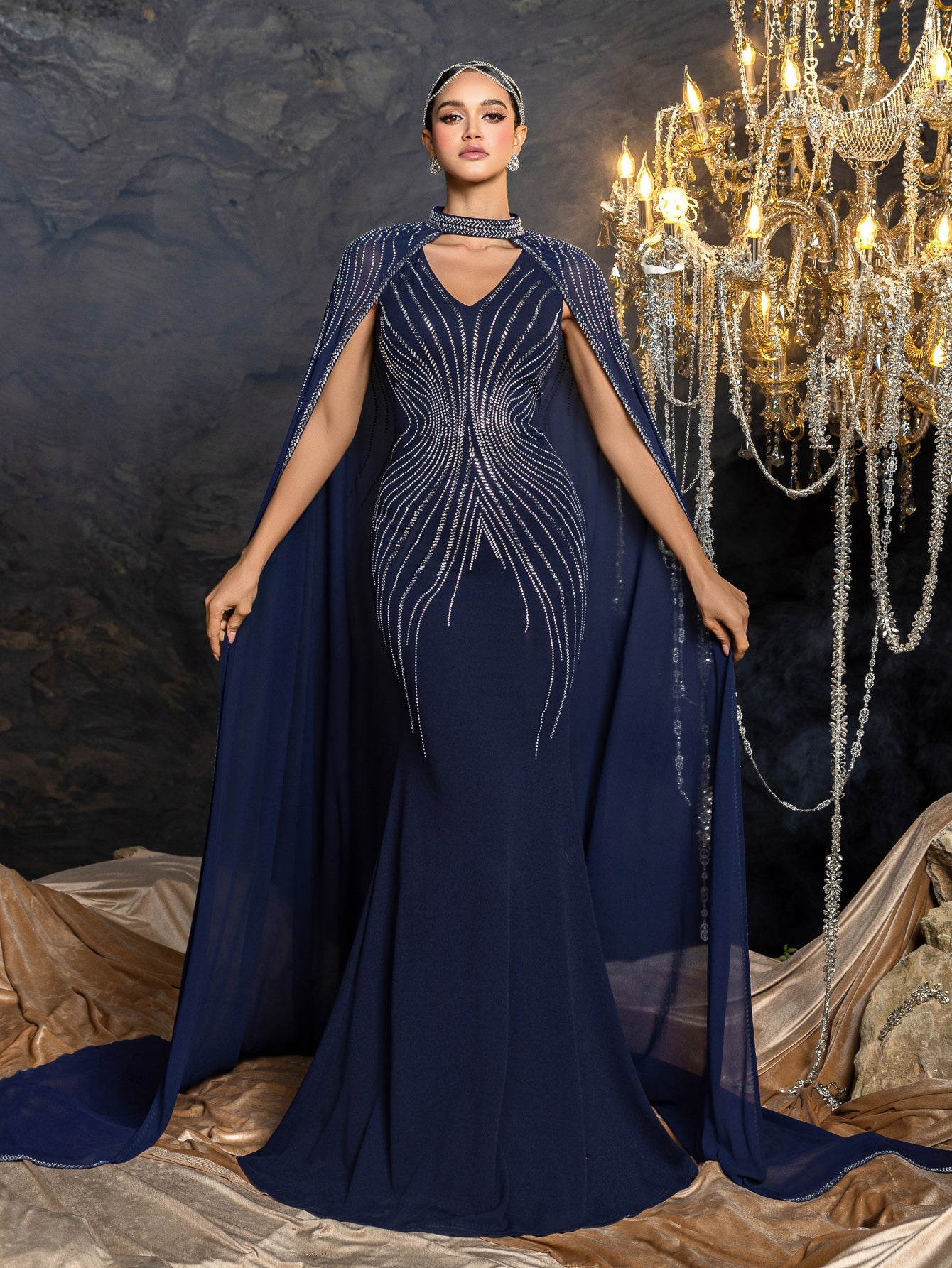 Deep V-Neck Mermaid Dress & Opera Length Rhinestone Cape