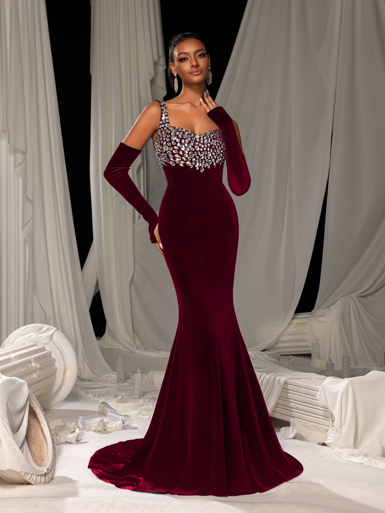 Vintage Velvet Mermaid Gown with Sweetheart Neckline, Sparkling Embellishments