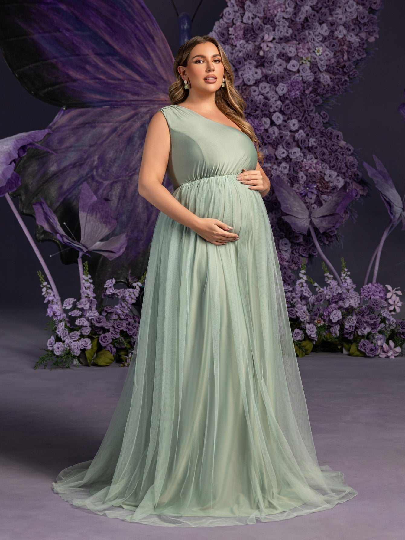 Plus Maternity One-Shoulder Gown with Asymmetrical Tulle Skirt & Sheer Elegance – 1XL-5XL Pregnancy Photoshoot Dress