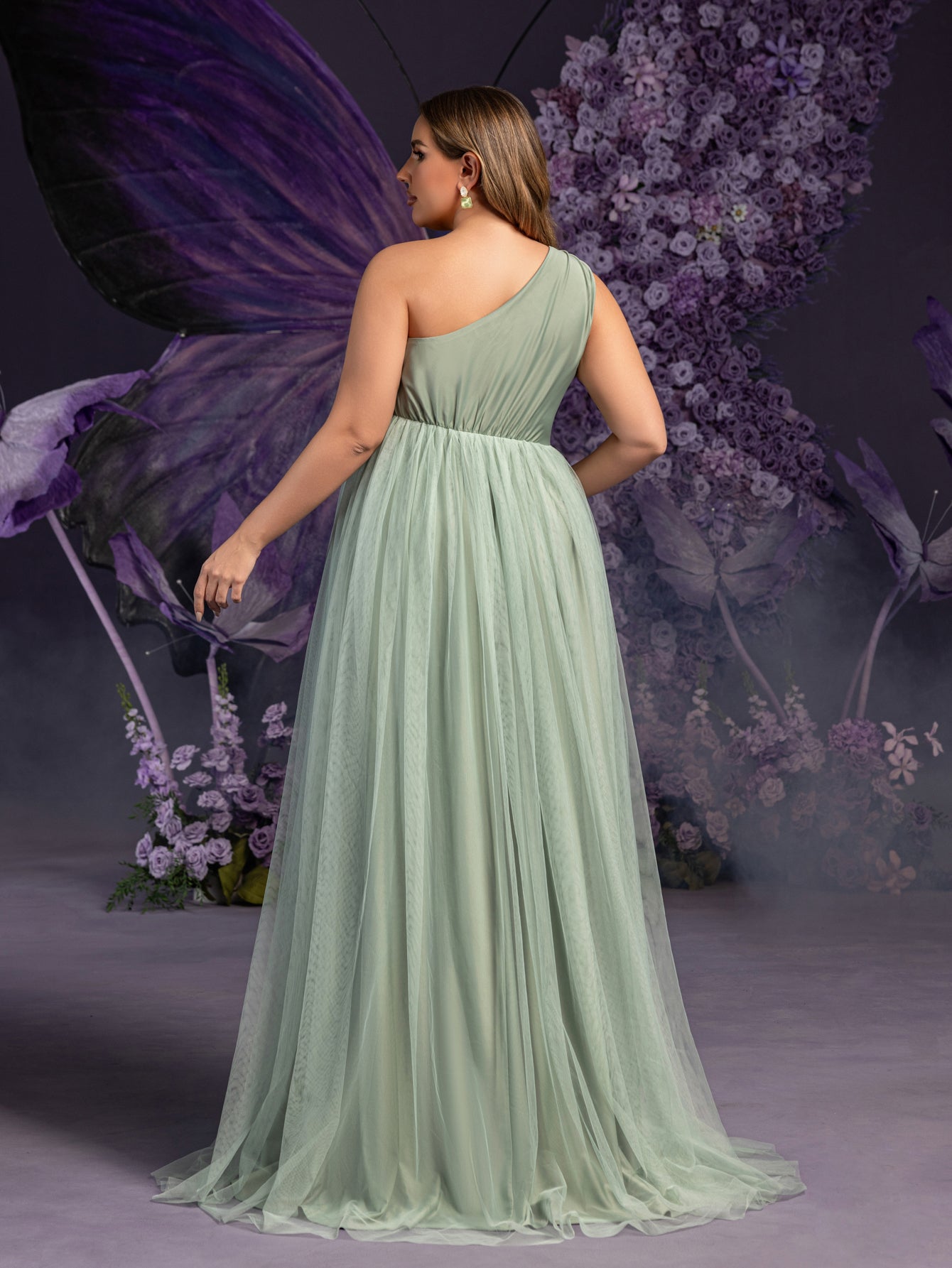Plus Maternity One-Shoulder Gown with Asymmetrical Tulle Skirt & Sheer Elegance – 1XL-5XL Pregnancy Photoshoot Dress