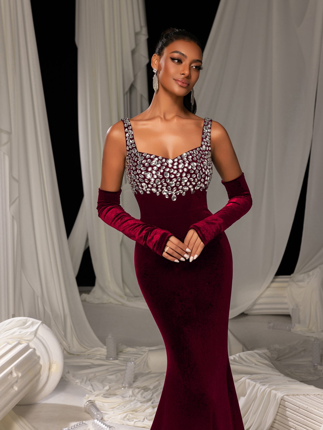 Vintage Velvet Mermaid Gown with Sweetheart Neckline, Sparkling Embellishments