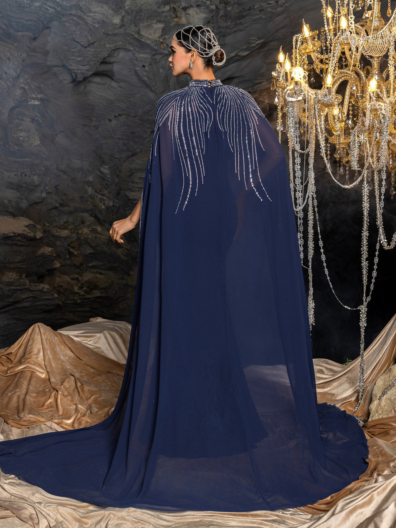 Deep V-Neck Mermaid Dress & Opera Length Rhinestone Cape