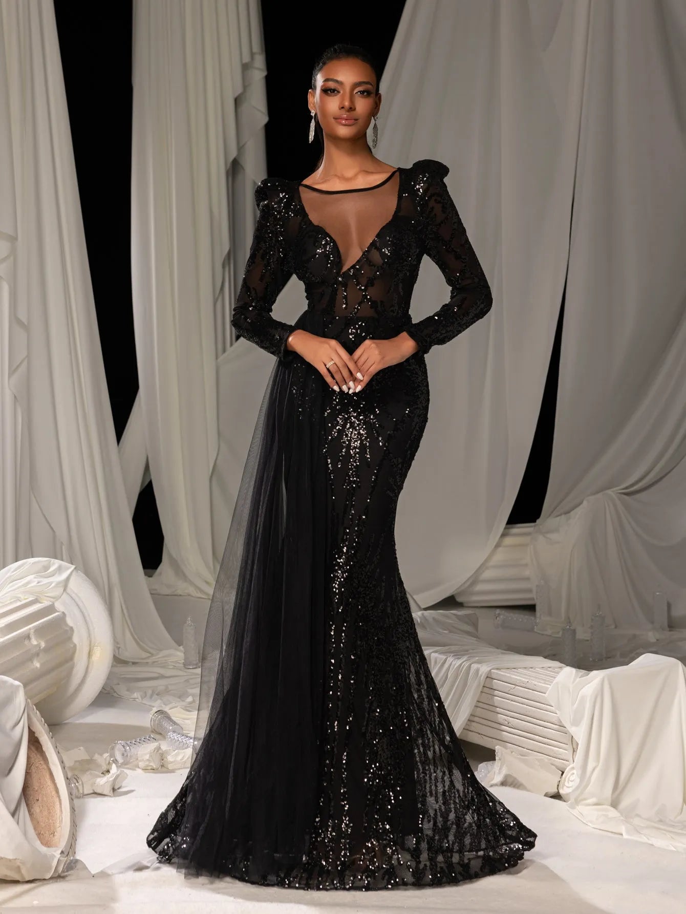 formal dress with sheer overlay Gorgeous Graphic Sequin Sheer Overlay Mermaid Hem Evening Dress Curvepretty