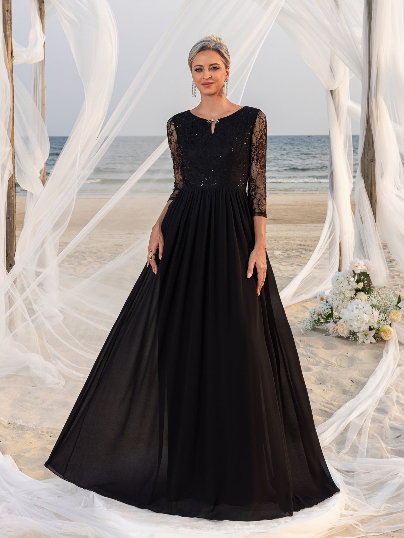 Womens' Lace Bodice & Chiffon Skirt Mother-of-the-Bride Formal Dress