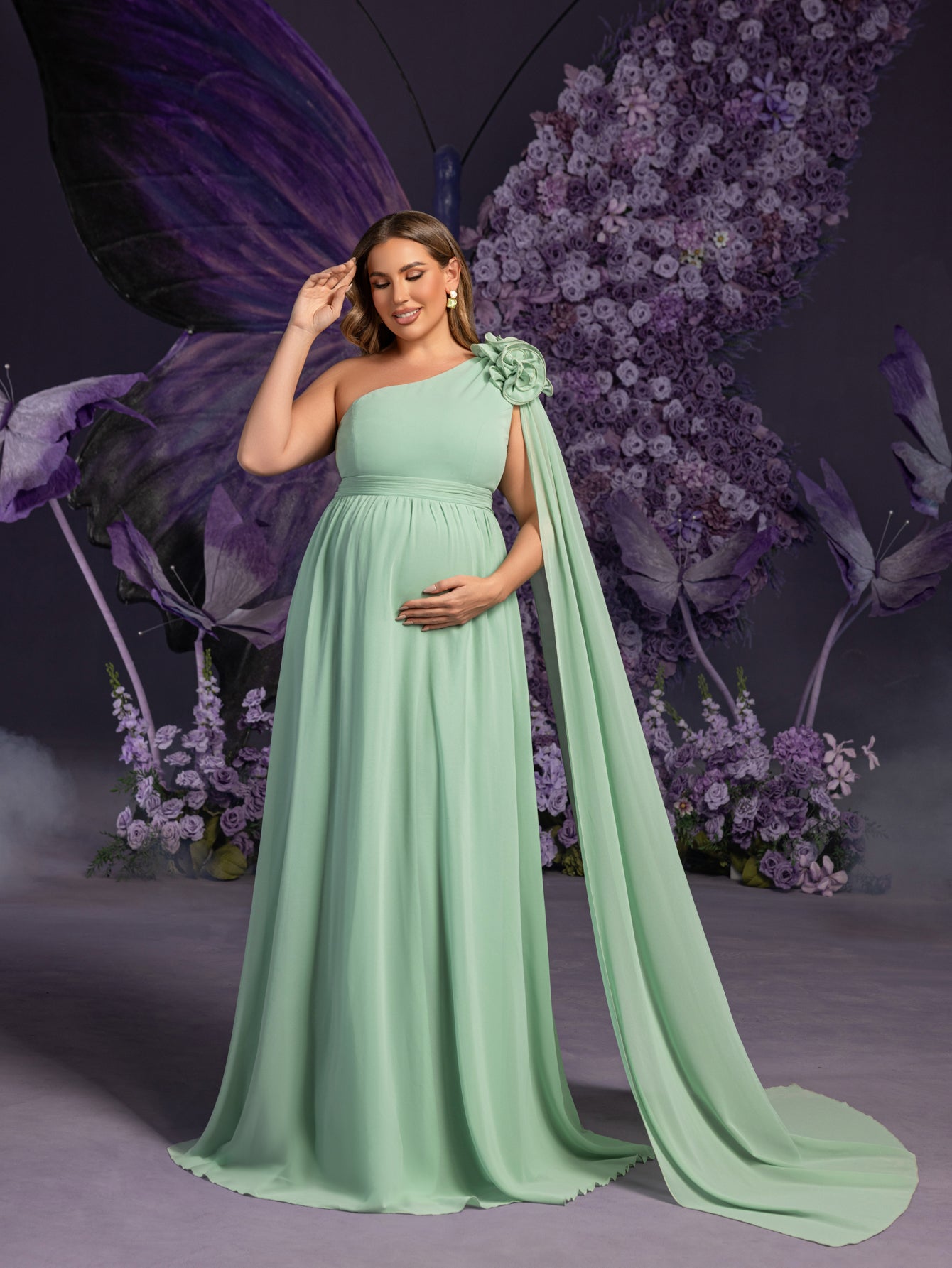 Plus Matenity One-Shoulder Chiffon Gown with Floral Appliqué & Floor-Length Train – Elegant 1XL-5XL Pregnancy Dress